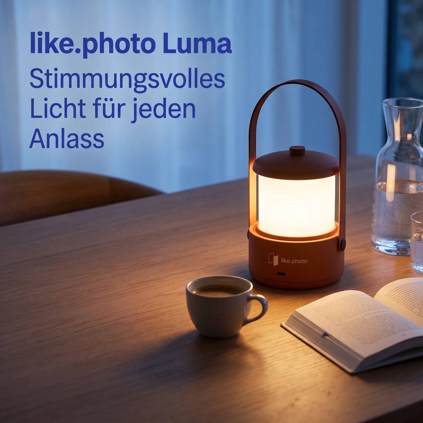Accepted lifestyle image: glowing Luma lamp on a table at dusk, with German text meaning Atmospheric light for every occasion