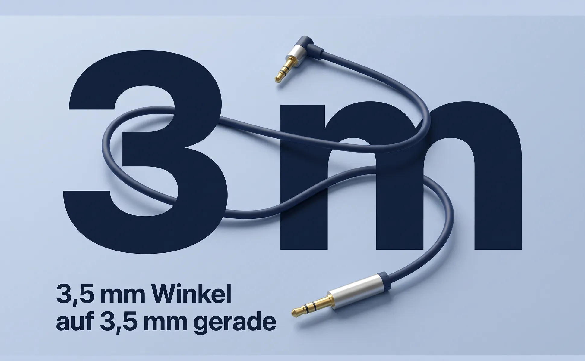 A+ image "Big number" for 3.5 mm audio cable, 3 m in the Duotone in product colour style, German text: 3 m, 3,5 mm Winkel auf 3,5 mm gerade