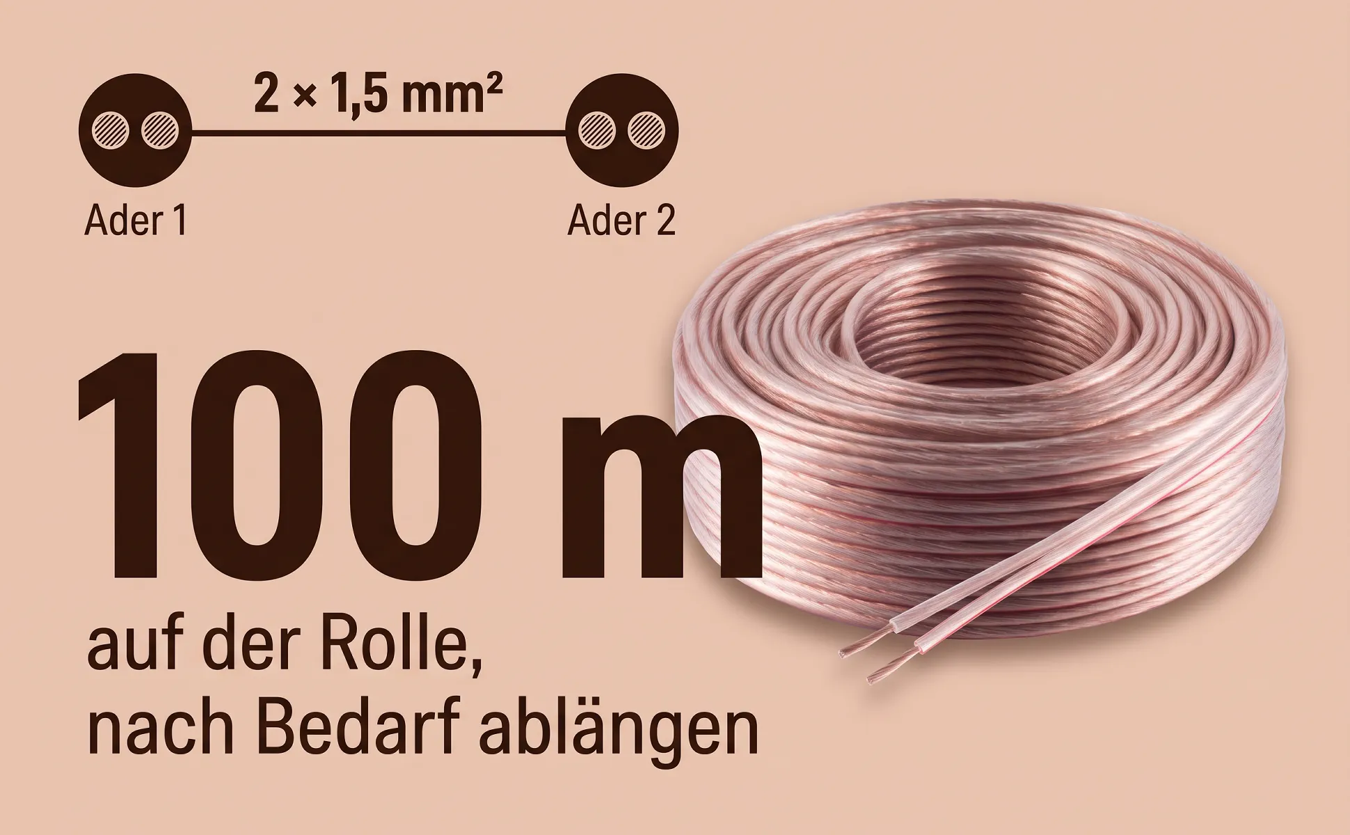 A+ image "Big number" for Speaker cable, 100 m in the Duotone in product colour style, German text: 2 × 1,5 mm², Ader 1, Ader 2, 100 m, auf der Rolle, nach Bedarf ablängen
