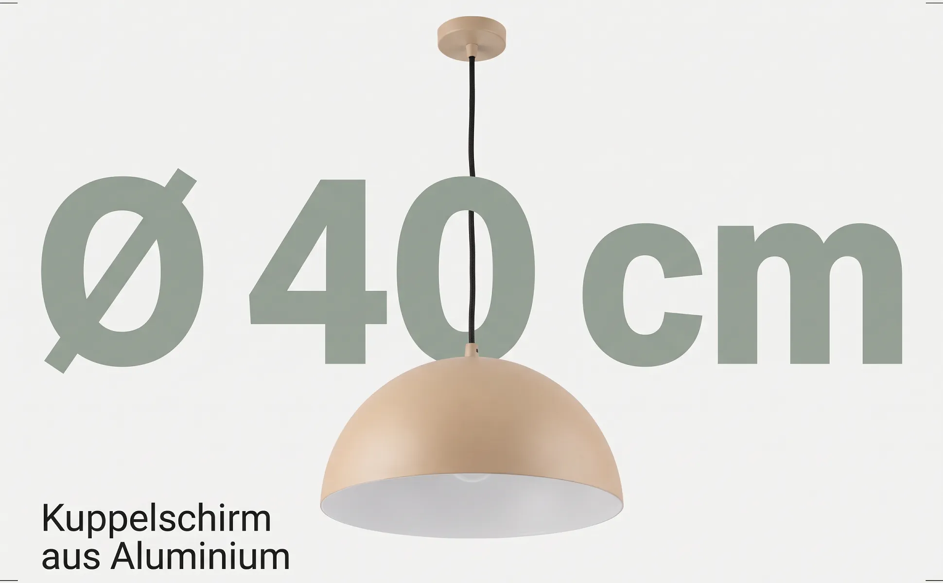 A+ image "Big number" for Pendant lamp, 40 cm in the Editorial style, German text: Ø 40 cm, Kuppelschirm aus Aluminium