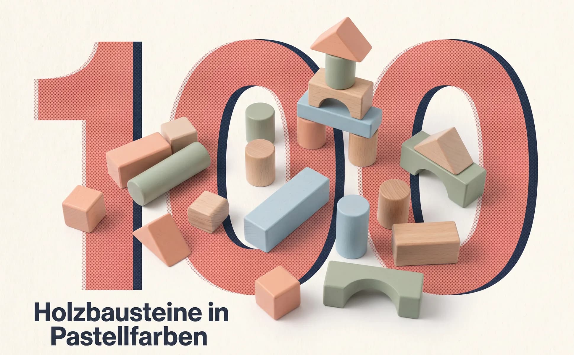A+ Bild „Riesenzahl“ für Holzbausteine, 100 Teile im Stil Risograph-Druck: 100, Holzbausteine in Pastellfarben