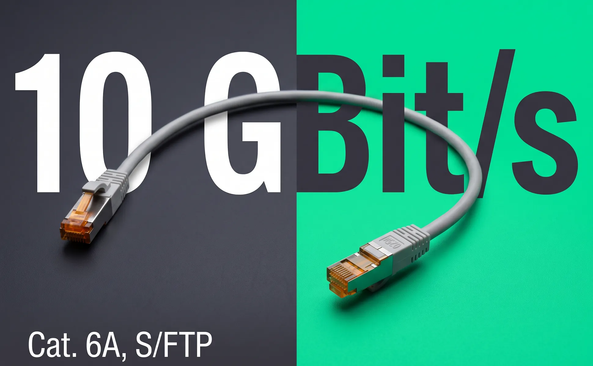 A+ image "Big number" for Cat 6A patch cable, 0.25 m in the Split screen style, German text: 10 GBit/s, Cat. 6A, S/FTP