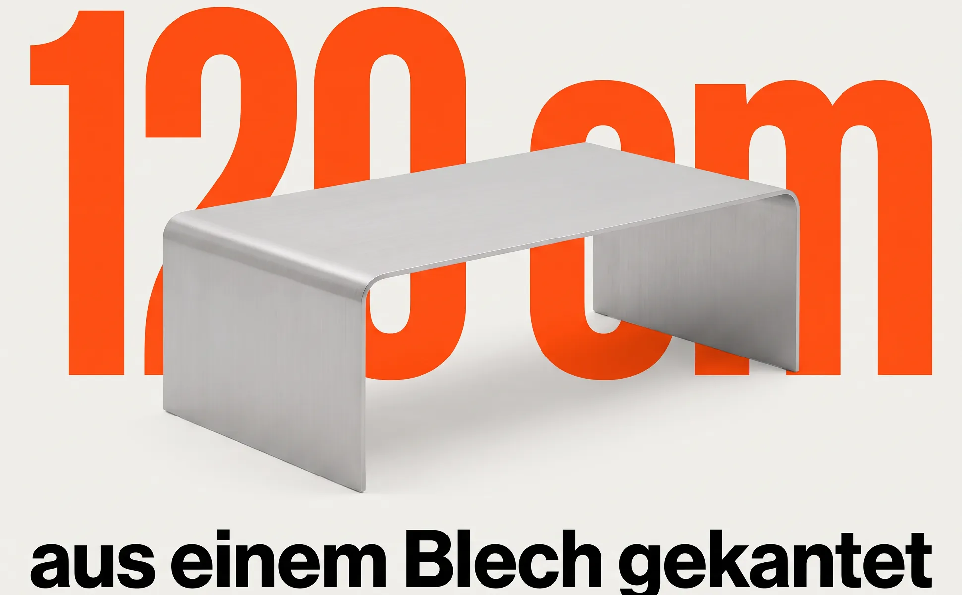A+ image "Big number" for Folded aluminium coffee table in the Swiss poster style, German text: 120 cm, aus einem Blech gekantet