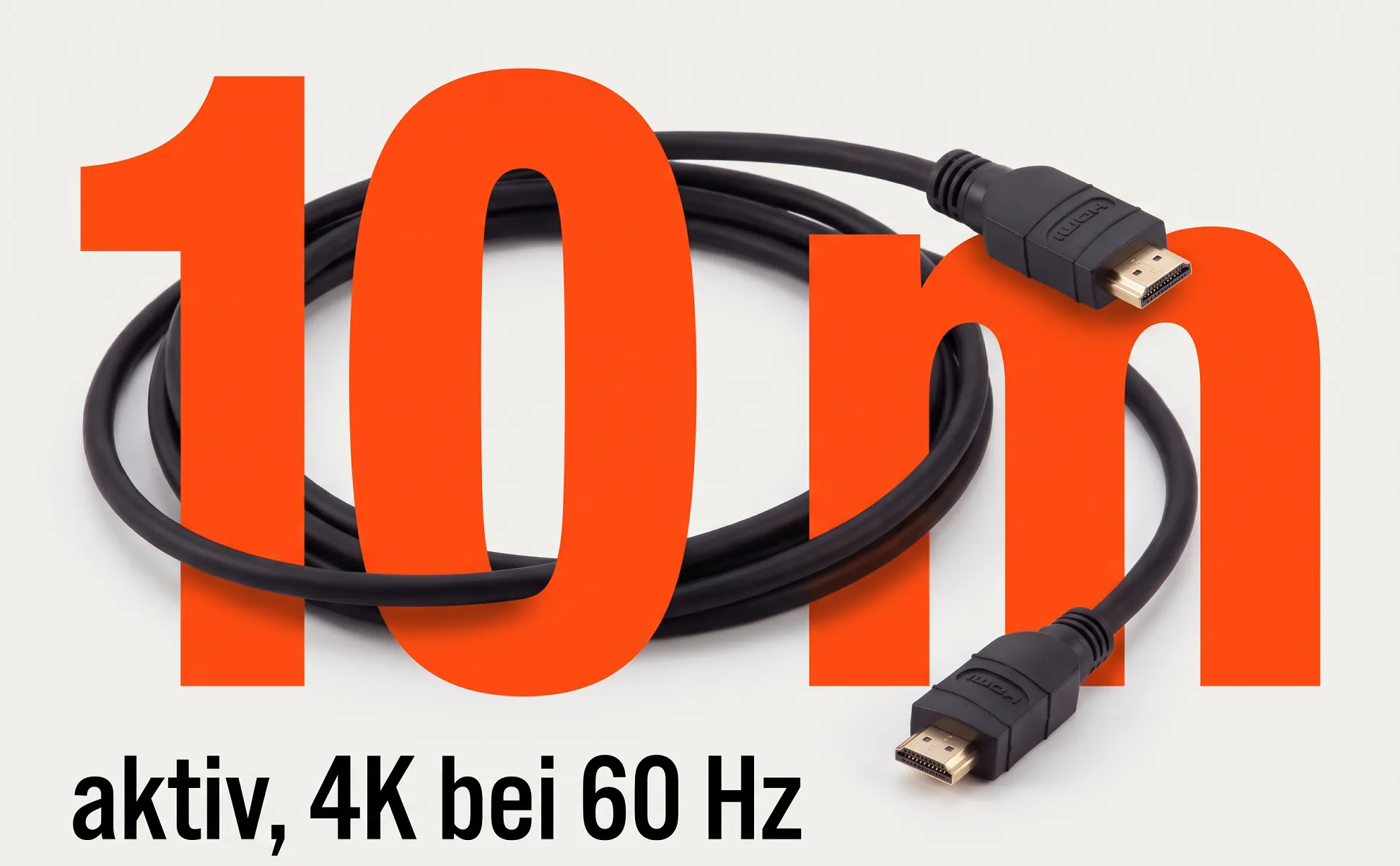 A+ image "Big number" for HDMI cable, 10 m in the Swiss poster style, German text: 10 m, aktiv, 4K bei 60 Hz