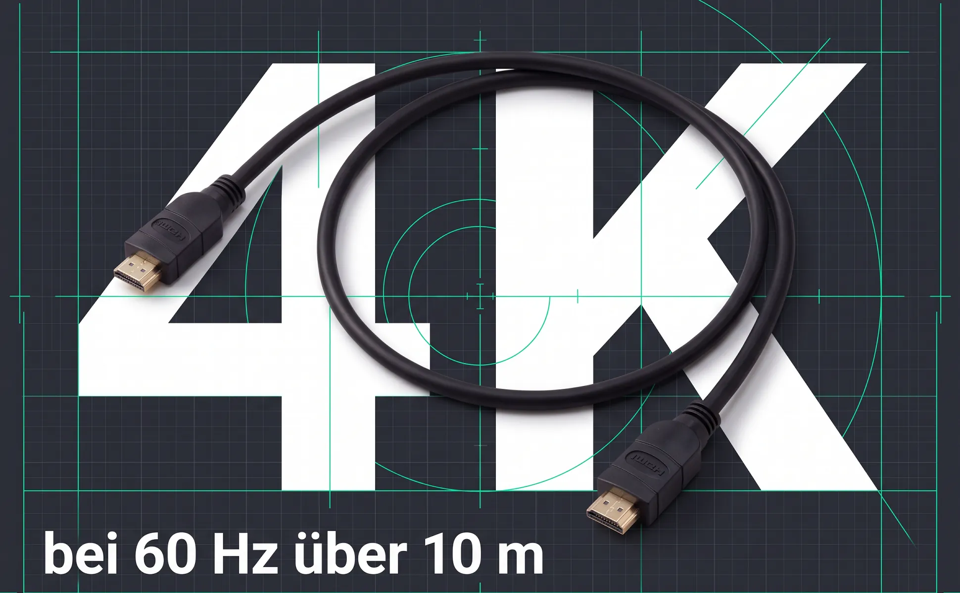 A+ image "Big number" for HDMI cable, 10 m in the Technical drawing style, German text: 4K, bei 60 Hz über 10 m