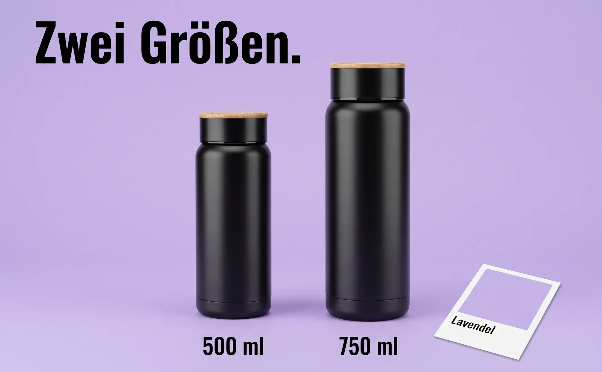 A+ image "Side-by-side comparison" for Insulated bottle, 750 ml in the Colour chip style, German text: Zwei Größen., 500 ml, 750 ml, Lavendel