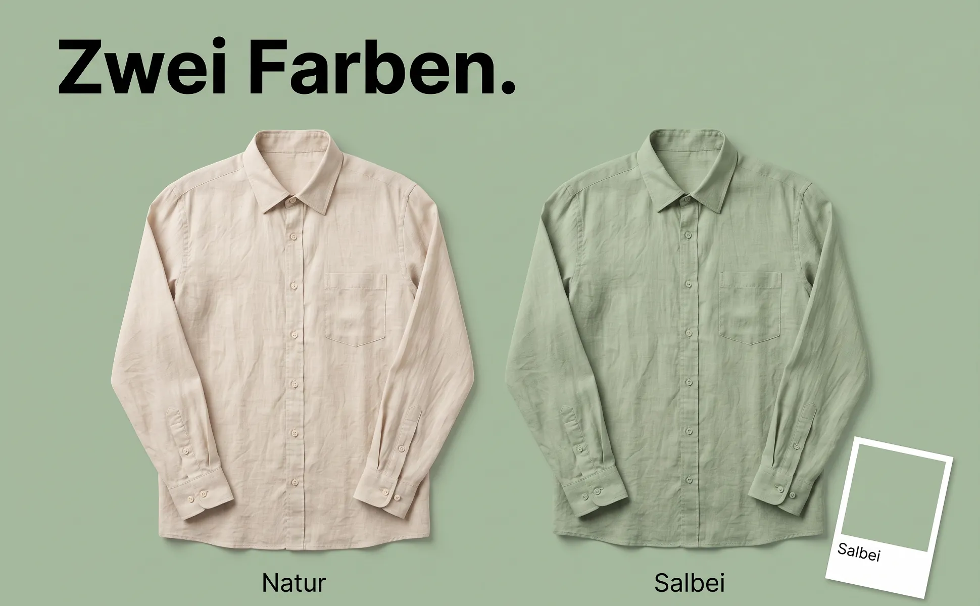 A+ image "Side-by-side comparison" for Linen shirt in the Colour chip style, German text: Zwei Farben., Natur, Salbei, Salbei