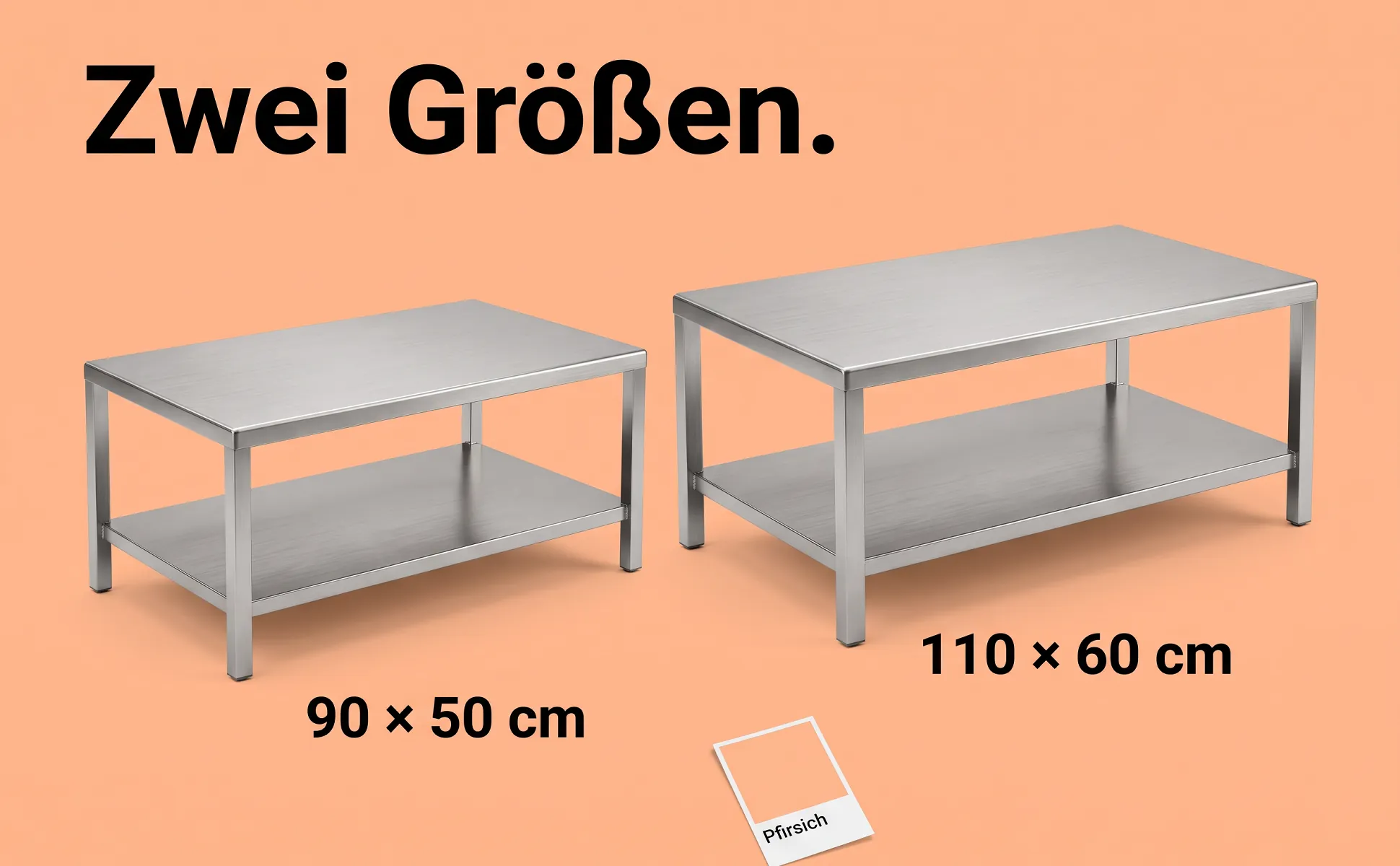 A+ Bild „Vergleich zweier Ausführungen“ für Couchtisch aus Edelstahl im Stil Farbkarte: Zwei Größen., 90 × 50 cm, 110 × 60 cm, Pfirsich