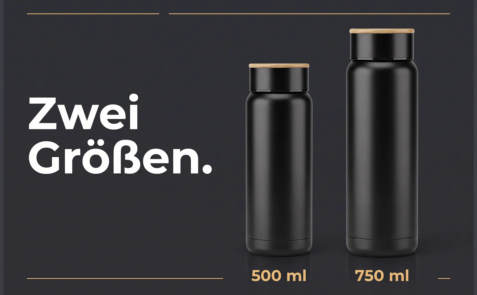 A+ image "Side-by-side comparison" for Insulated bottle, 750 ml in the Graphite poster style, German text: Zwei Größen., 500 ml, 750 ml
