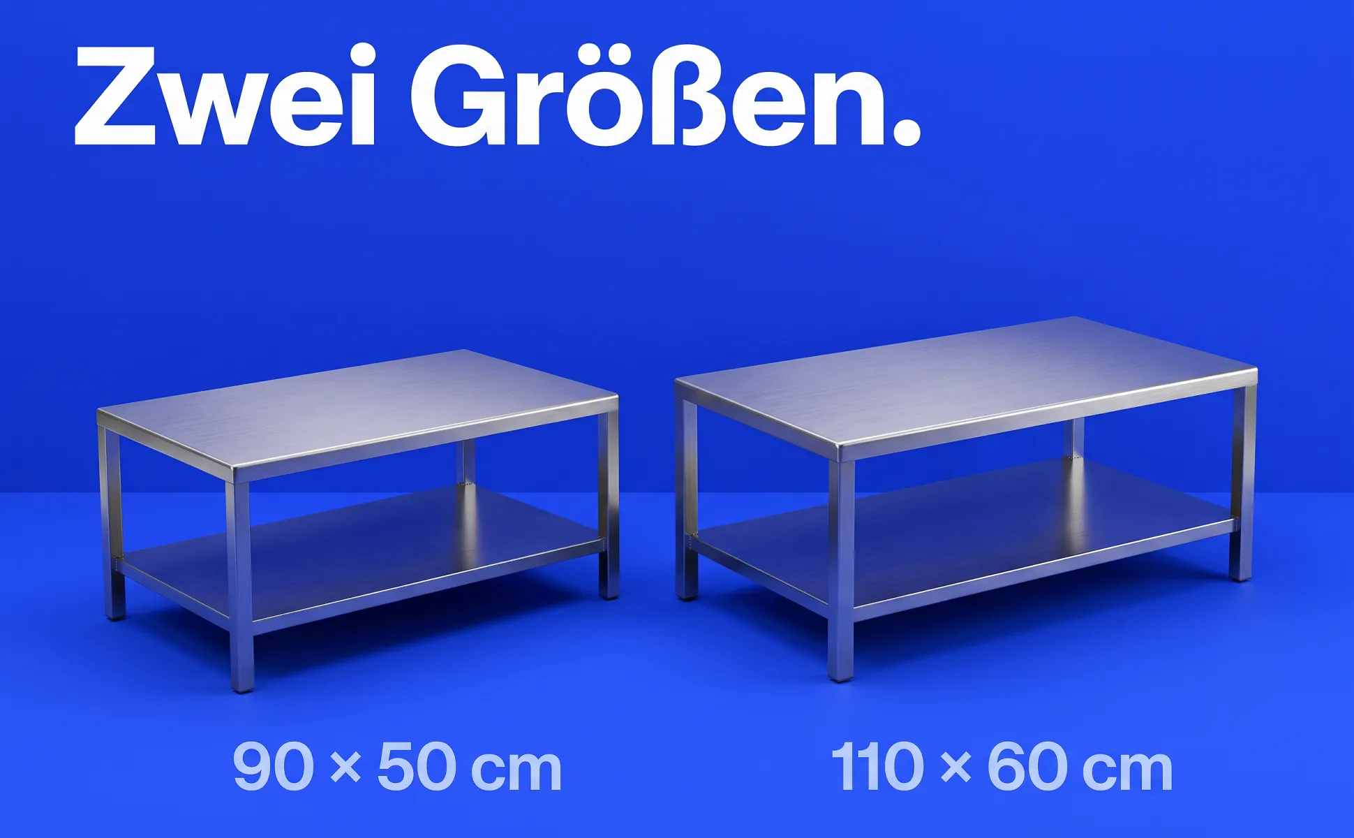 A+ image "Side-by-side comparison" for Stainless steel coffee table in the Cobalt poster style, German text: Zwei Größen., 90 × 50 cm, 110 × 60 cm
