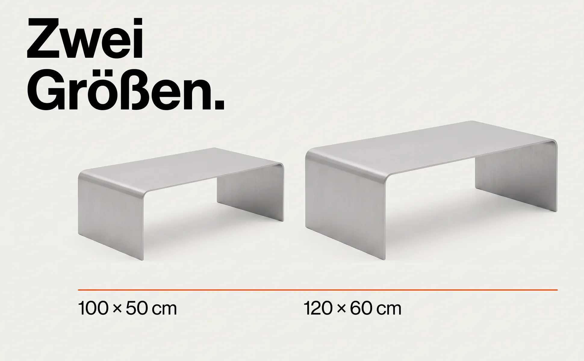 A+ image "Side-by-side comparison" for Folded aluminium coffee table in the Swiss poster style, German text: Zwei Größen., 100 × 50 cm, 120 × 60 cm