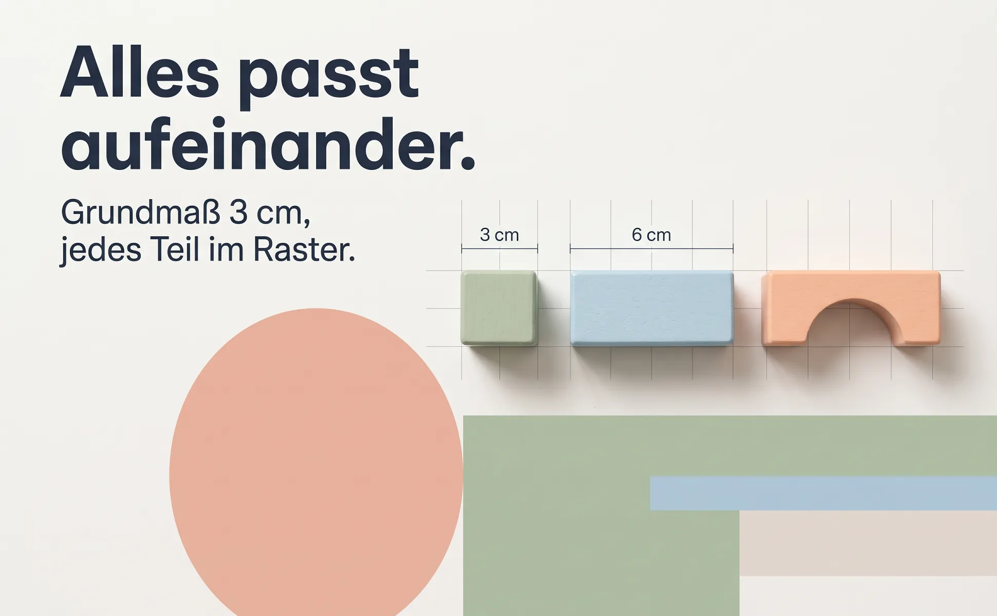 A+ image "Explainer graphic" for Wooden blocks, 100 pieces in the Bauhaus style, German text: Alles passt aufeinander., Grundmaß 3 cm, jedes Teil im Raster., 3 cm, 6 cm