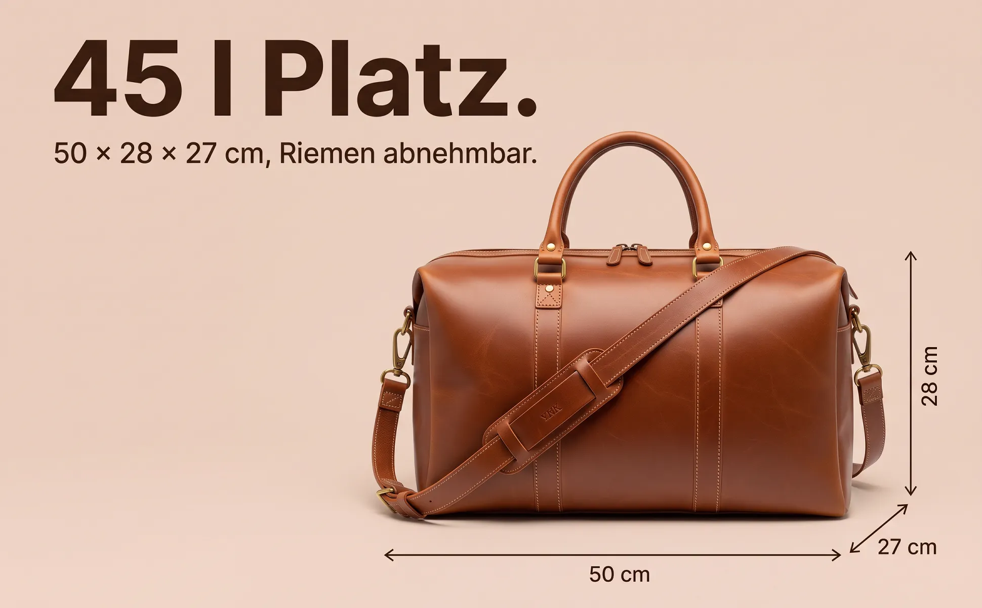 A+ image "Explainer graphic" for Leather weekender, 45 l in the Duotone in product colour style, German text: 45 l Platz., 50 × 28 × 27 cm, Riemen abnehmbar., 50 cm, 28 cm, 27 cm