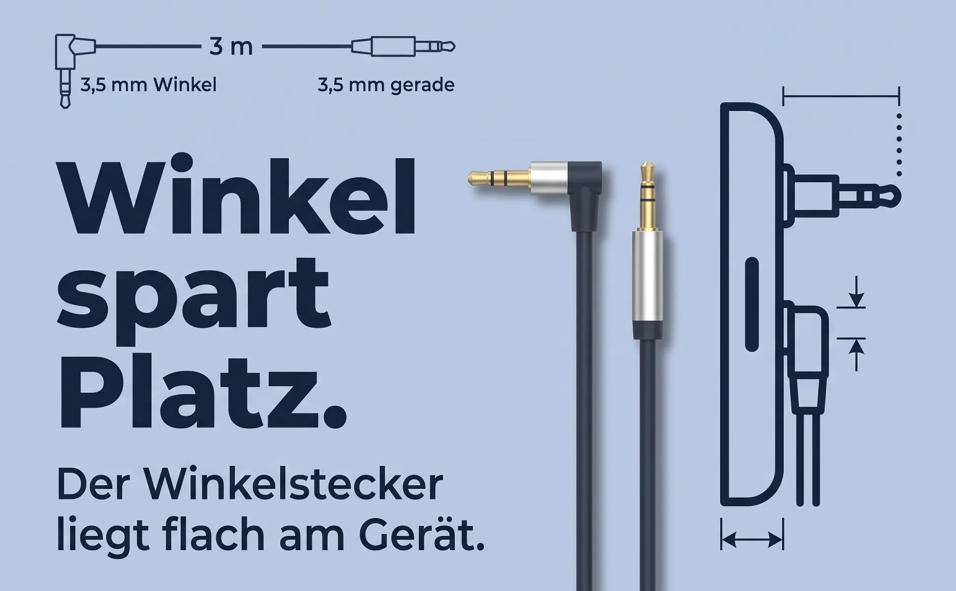 A+ image "Explainer graphic" for 3.5 mm audio cable, 3 m in the Duotone in product colour style, German text: 3 m, 3,5 mm Winkel, 3,5 mm gerade, Winkel spart Platz., Der Winkelstecker liegt flach am Gerät.