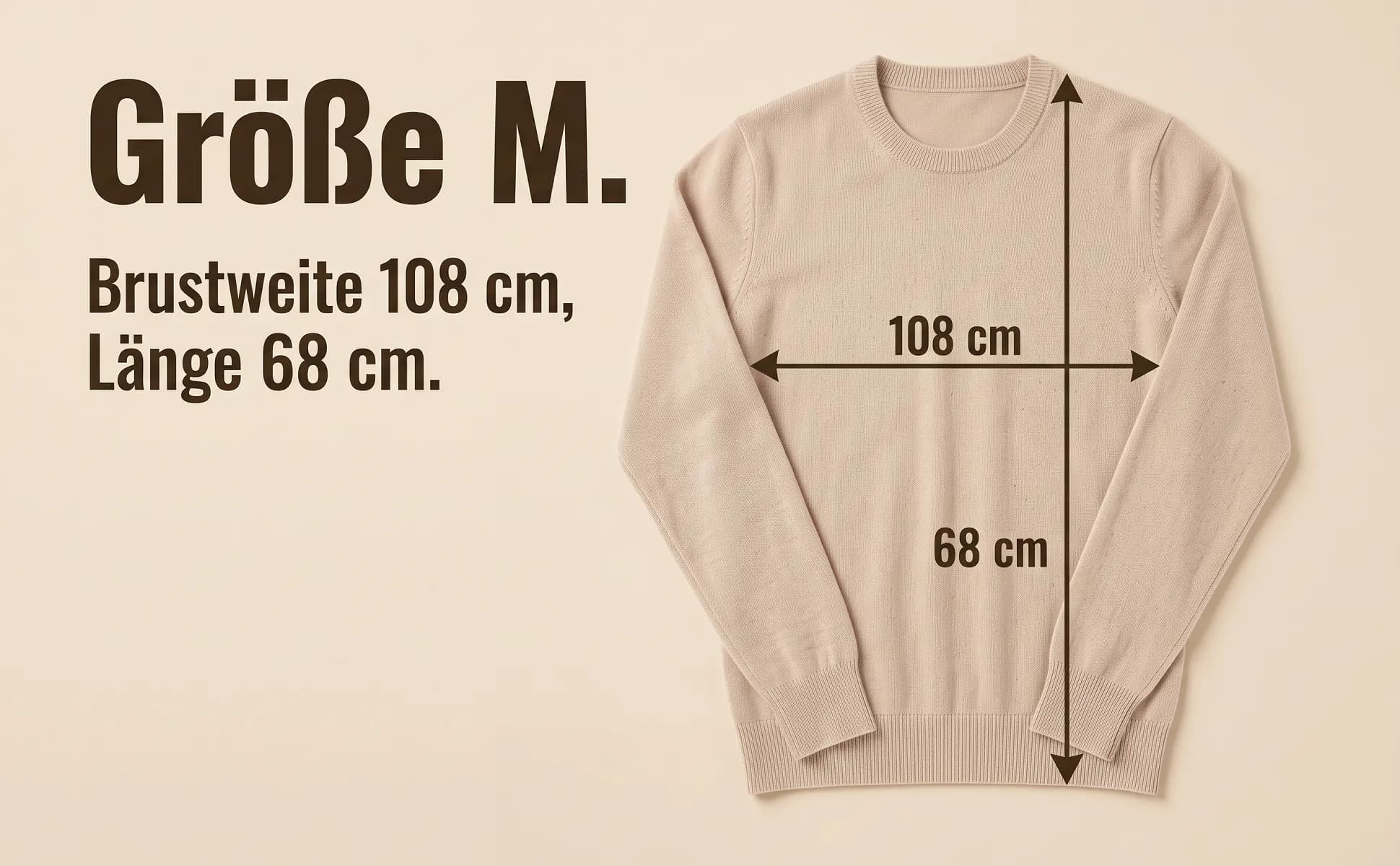 A+ image "Explainer graphic" for Merino knit sweater in the Duotone in product colour style, German text: Größe M., Brustweite 108 cm, Länge 68 cm., 108 cm, 68 cm