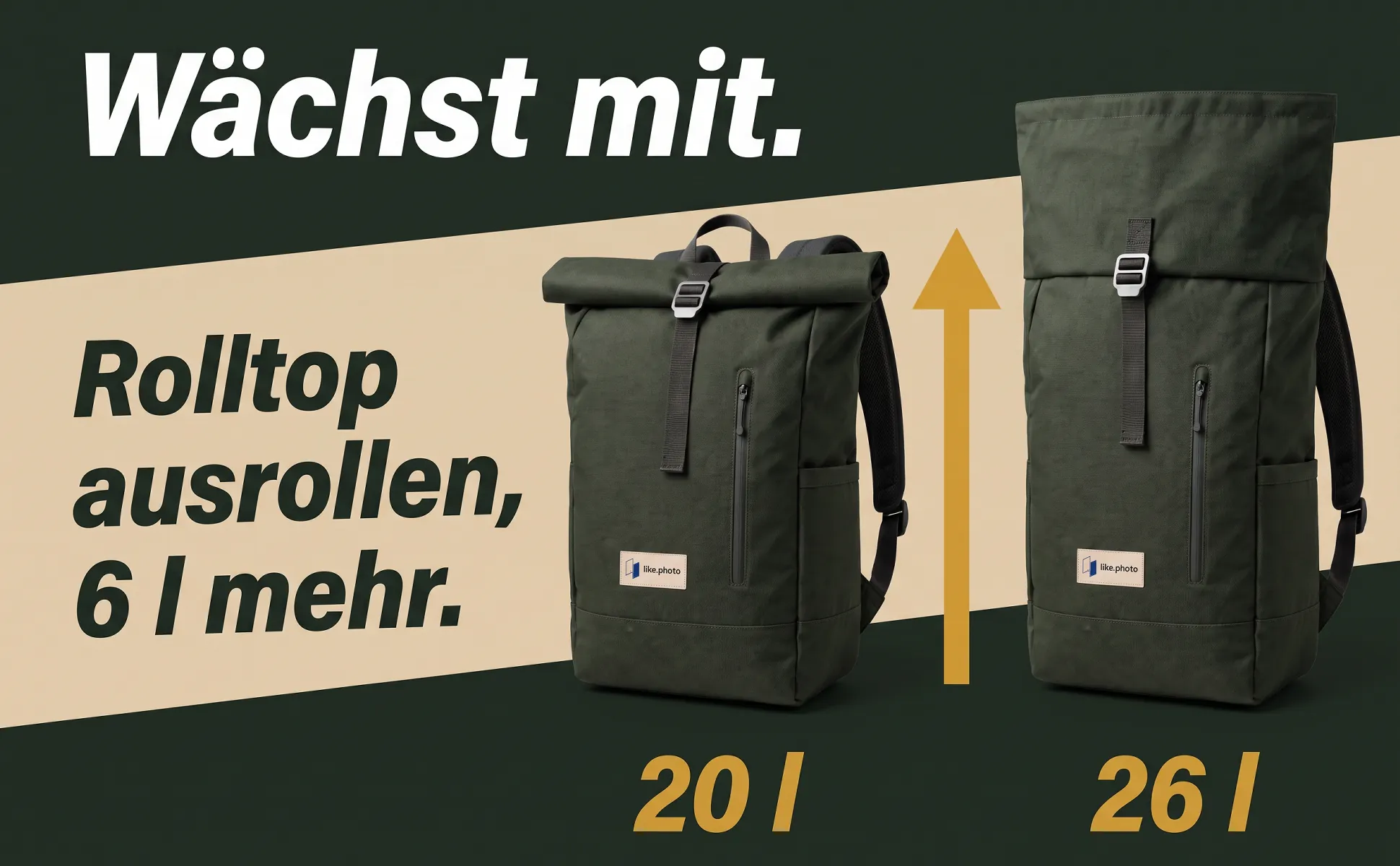 A+ image "Explainer graphic" for Roll-top backpack, 26 l in the Dynamic style, German text: Wächst mit., Rolltop ausrollen, 6 l mehr., 20 l, 26 l