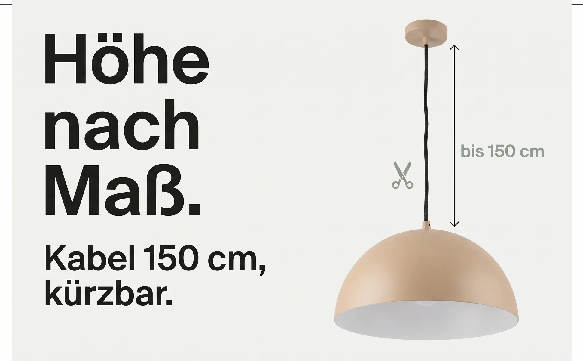A+ image "Explainer graphic" for Pendant lamp, 40 cm in the Editorial style, German text: Höhe nach Maß., Kabel 150 cm, kürzbar., bis 150 cm