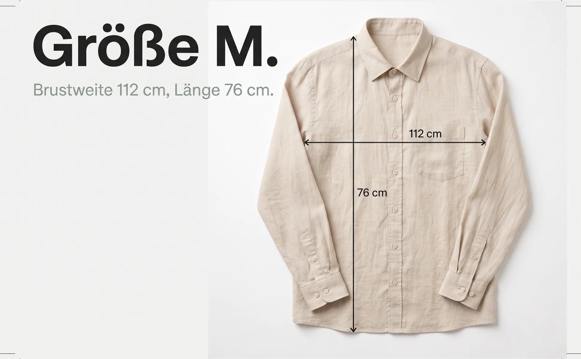 A+ image "Explainer graphic" for Linen shirt in the Editorial style, German text: Größe M., Brustweite 112 cm, Länge 76 cm., 112 cm, 76 cm