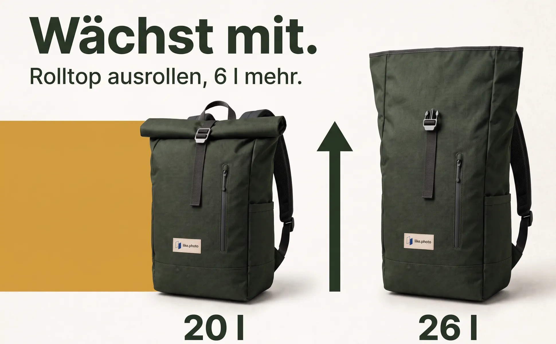 A+ Bild „Erklärgrafik“ für Rolltop-Rucksack, 26 l im Stil Hell mit Farbblock: Wächst mit., Rolltop ausrollen, 6 l mehr., 20 l, 26 l