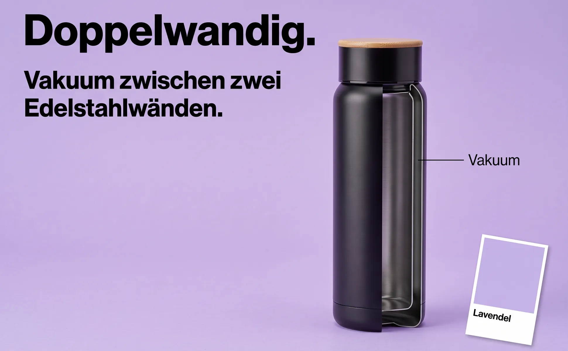 A+ image "Explainer graphic" for Insulated bottle, 750 ml in the Colour chip style, German text: Doppelwandig., Vakuum zwischen zwei Edelstahlwänden., Vakuum, Lavendel