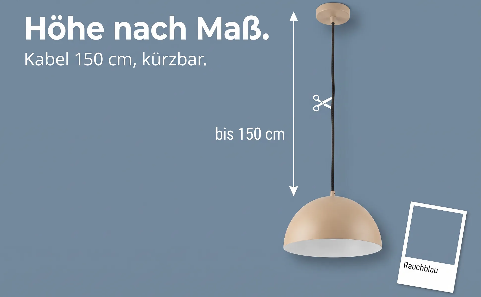A+ image "Explainer graphic" for Pendant lamp, 40 cm in the Colour chip style, German text: Höhe nach Maß., Kabel 150 cm, kürzbar., bis 150 cm, Rauchblau