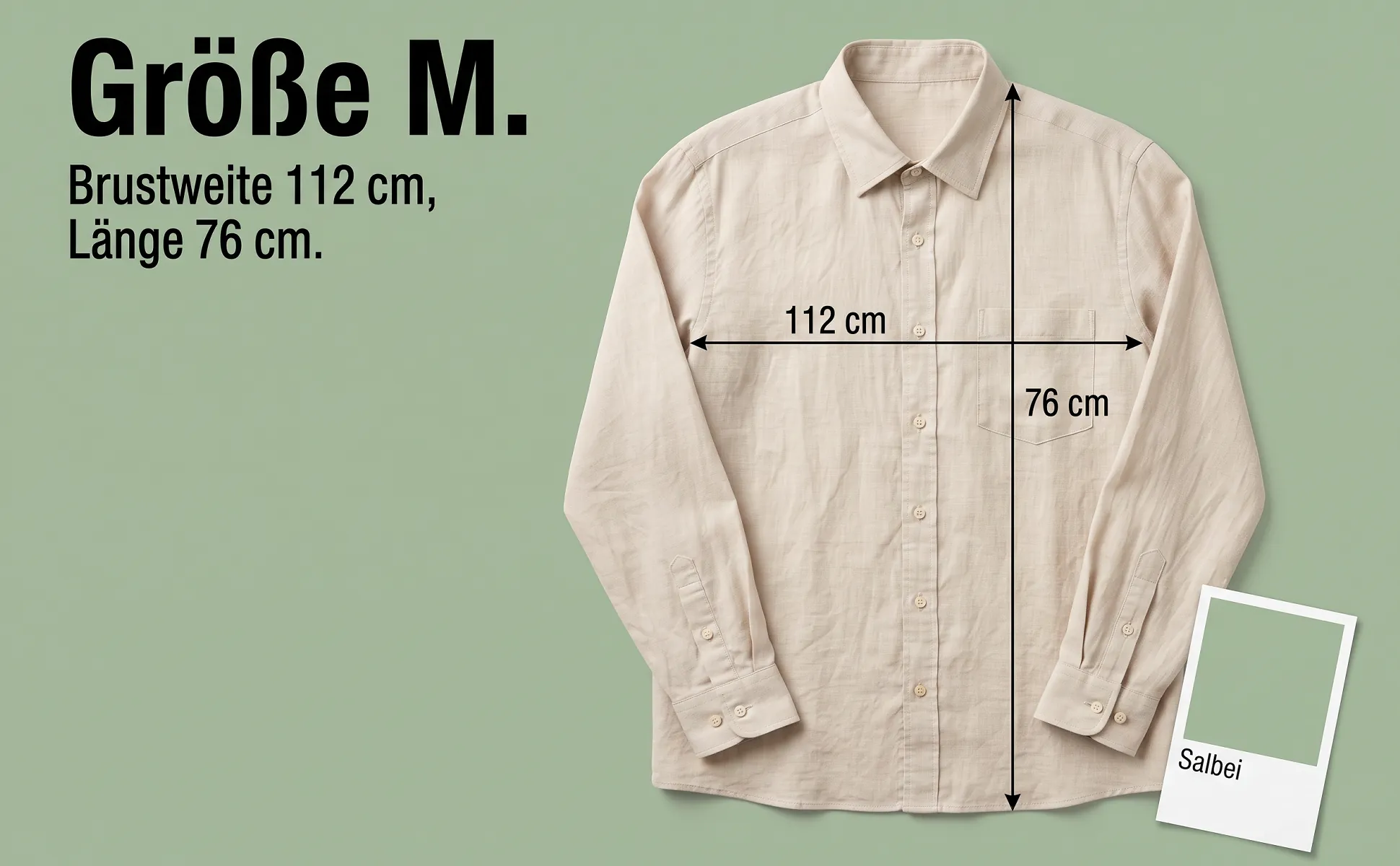 A+ image "Explainer graphic" for Linen shirt in the Colour chip style, German text: Größe M., Brustweite 112 cm, Länge 76 cm., 112 cm, 76 cm, Salbei