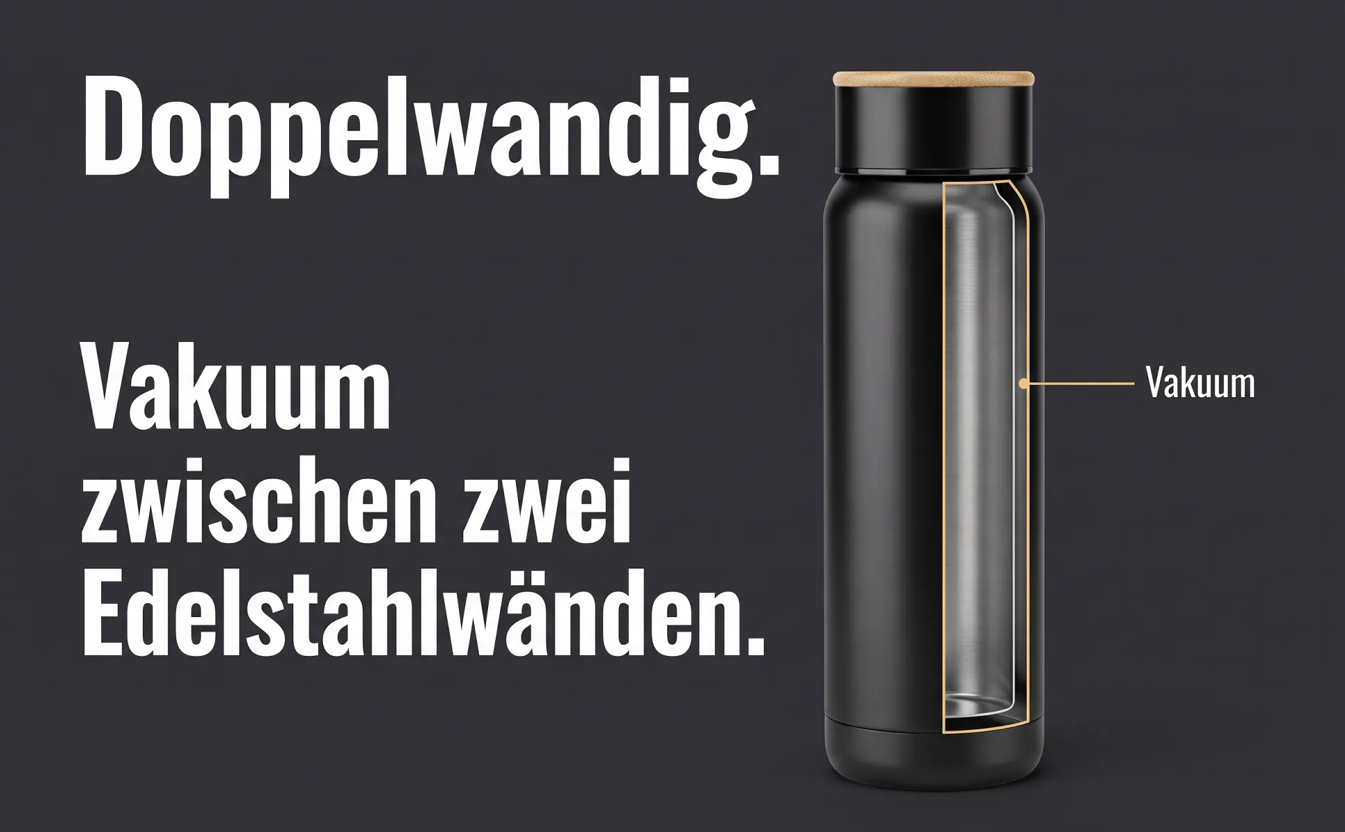 A+ image "Explainer graphic" for Insulated bottle, 750 ml in the Graphite poster style, German text: Doppelwandig., Vakuum zwischen zwei Edelstahlwänden., Vakuum
