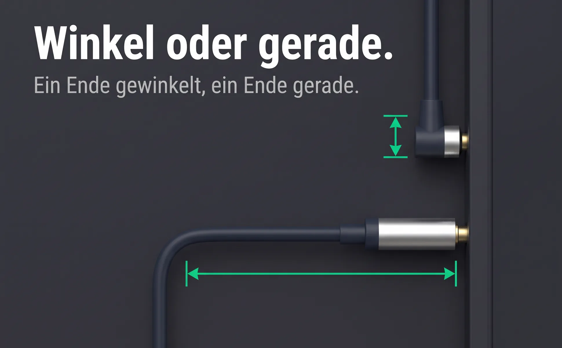 A+ image "Explainer graphic" for 3.5 mm audio cable, 3 m in the Graphite poster style, German text: Winkel oder gerade., Ein Ende gewinkelt, ein Ende gerade.