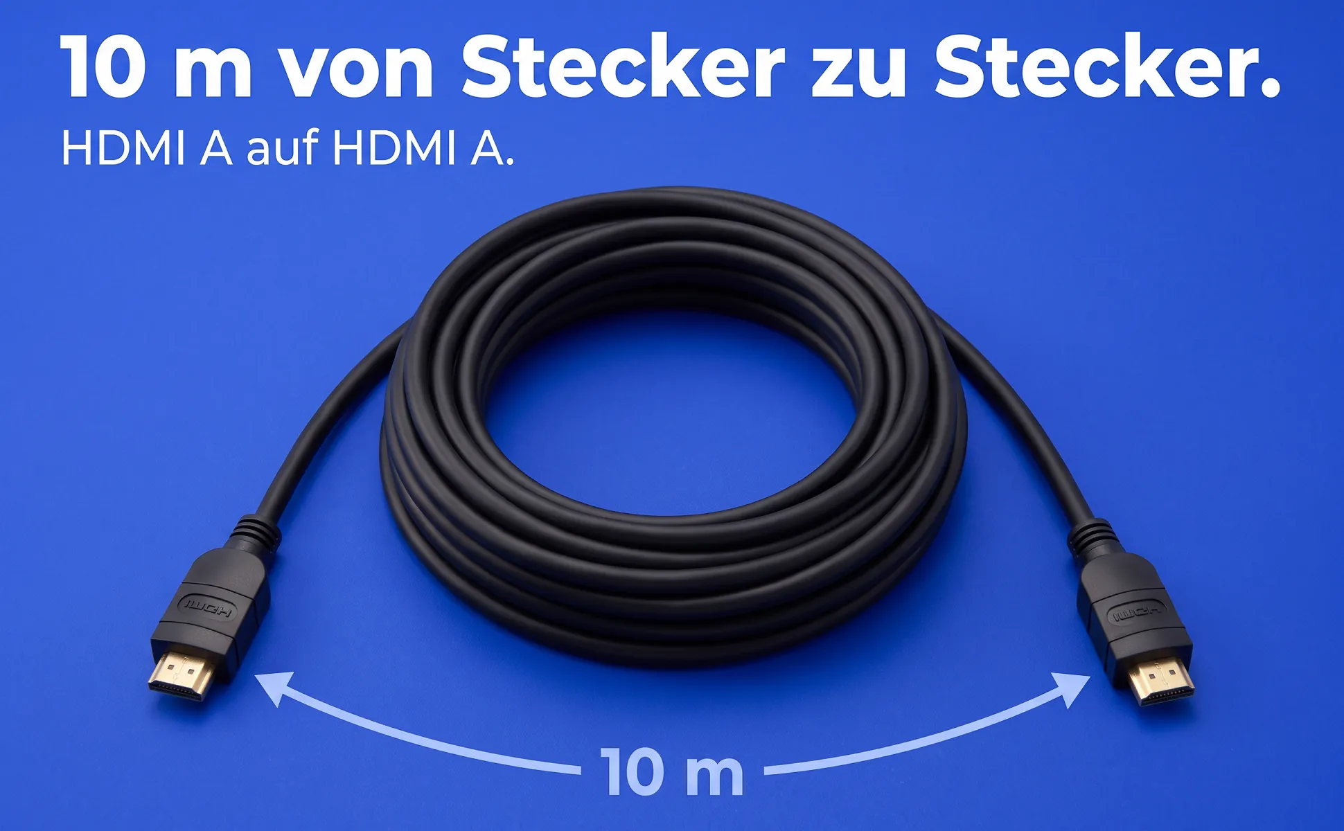 A+ image "Explainer graphic" for HDMI cable, 10 m in the Cobalt poster style, German text: 10 m von Stecker zu Stecker., HDMI A auf HDMI A., 10 m