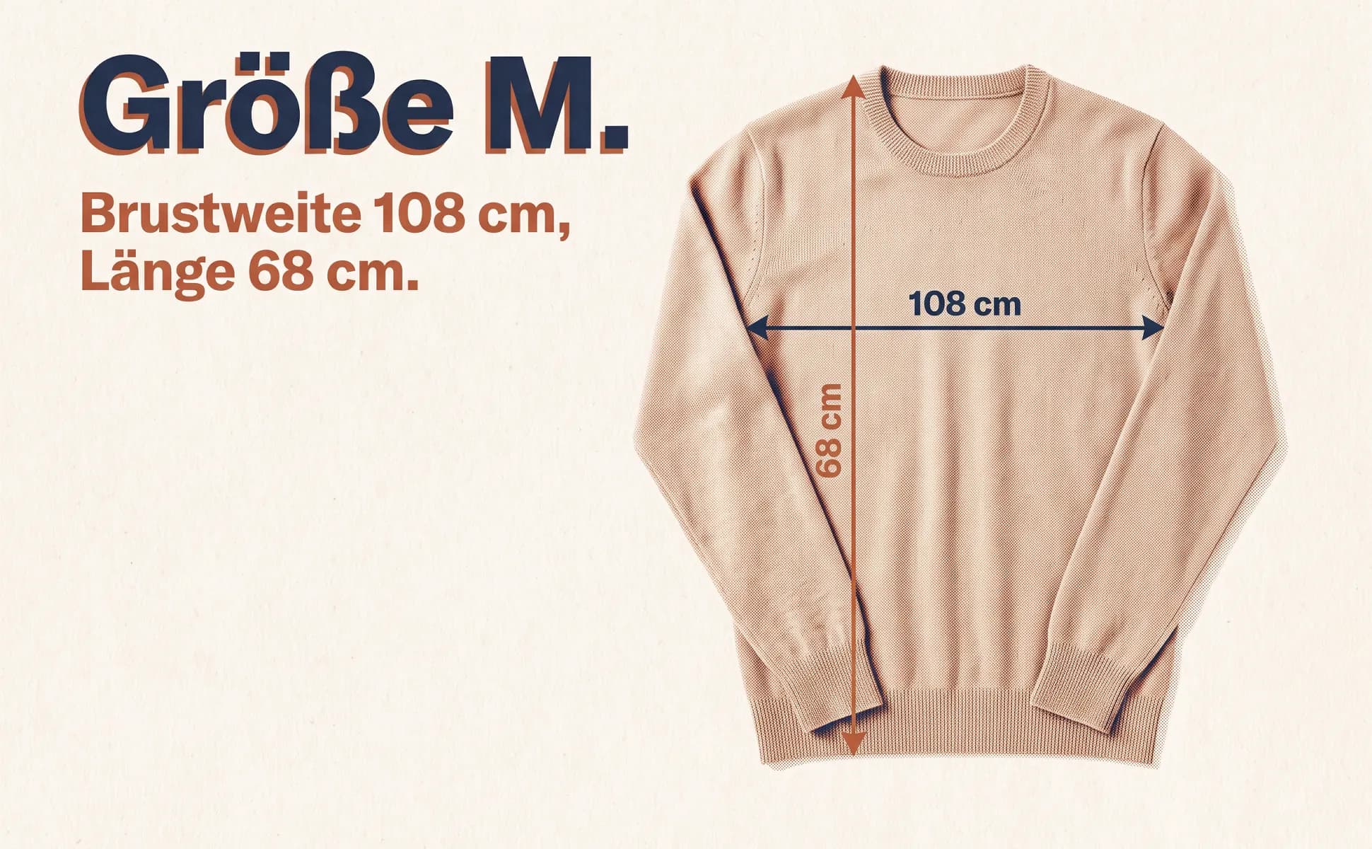 A+ image "Explainer graphic" for Merino knit sweater in the Risograph print style, German text: Größe M., Brustweite 108 cm, Länge 68 cm., 108 cm, 68 cm