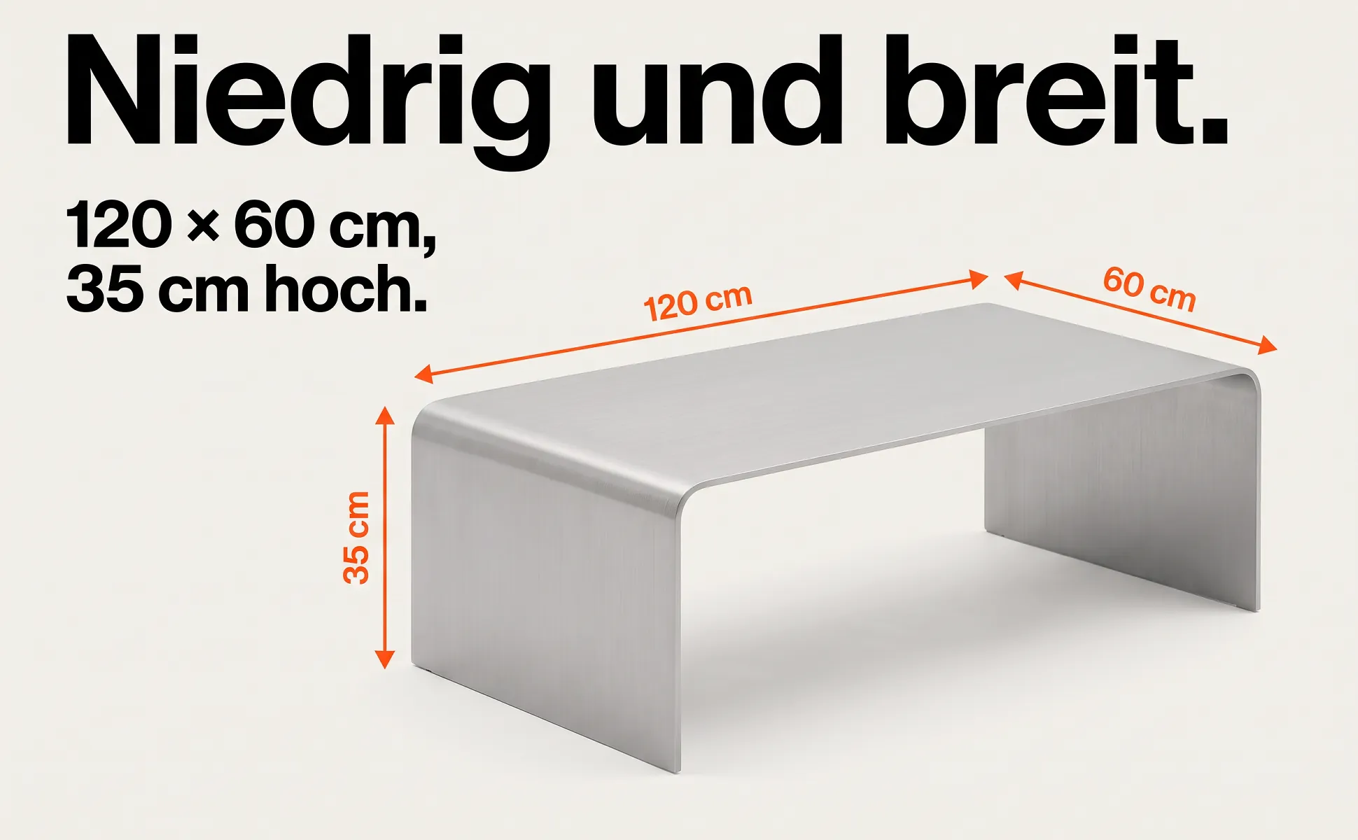 A+ image "Explainer graphic" for Folded aluminium coffee table in the Swiss poster style, German text: Niedrig und breit., 120 × 60 cm, 35 cm hoch., 120 cm, 35 cm, 60 cm