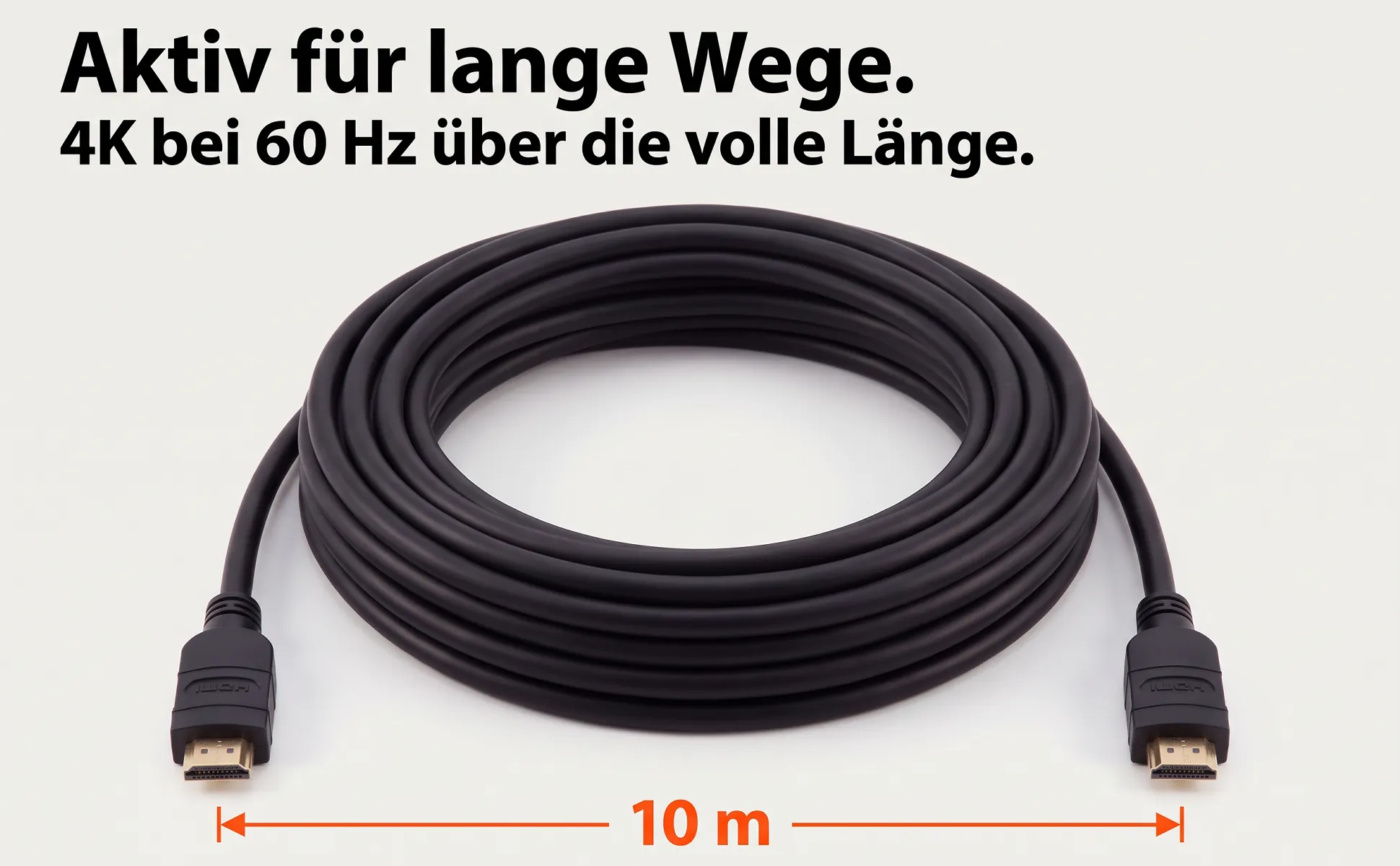 A+ image "Explainer graphic" for HDMI cable, 10 m in the Swiss poster style, German text: Aktiv für lange Wege., 4K bei 60 Hz über die volle Länge., 10 m