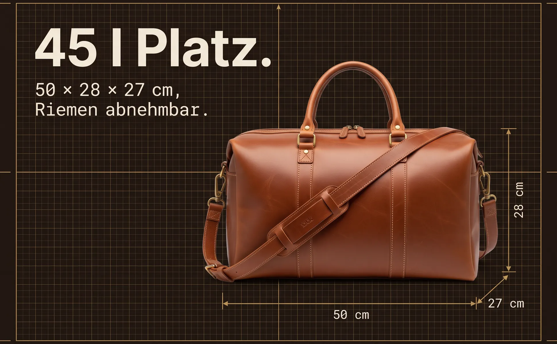 A+ Bild „Erklärgrafik“ für Weekender aus Leder, 45 l im Stil Technische Zeichnung: 45 l Platz., 50 × 28 × 27 cm, Riemen abnehmbar., 50 cm, 28 cm, 27 cm