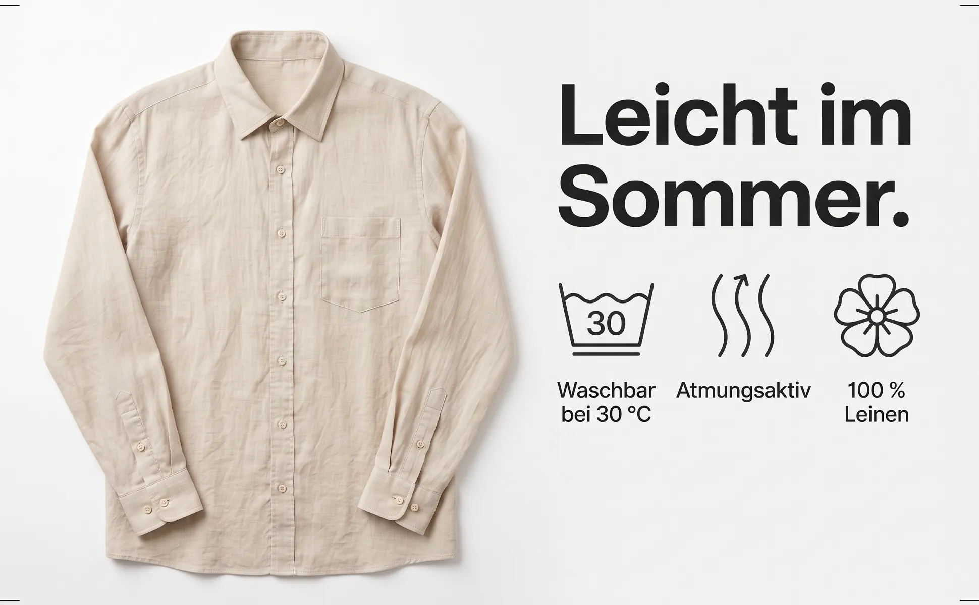 A+ Bild „Icon-Reihe“ für Leinenhemd im Stil Editorial: Leicht im Sommer., Waschbar bei 30 °C, Atmungsaktiv, 100 % Leinen