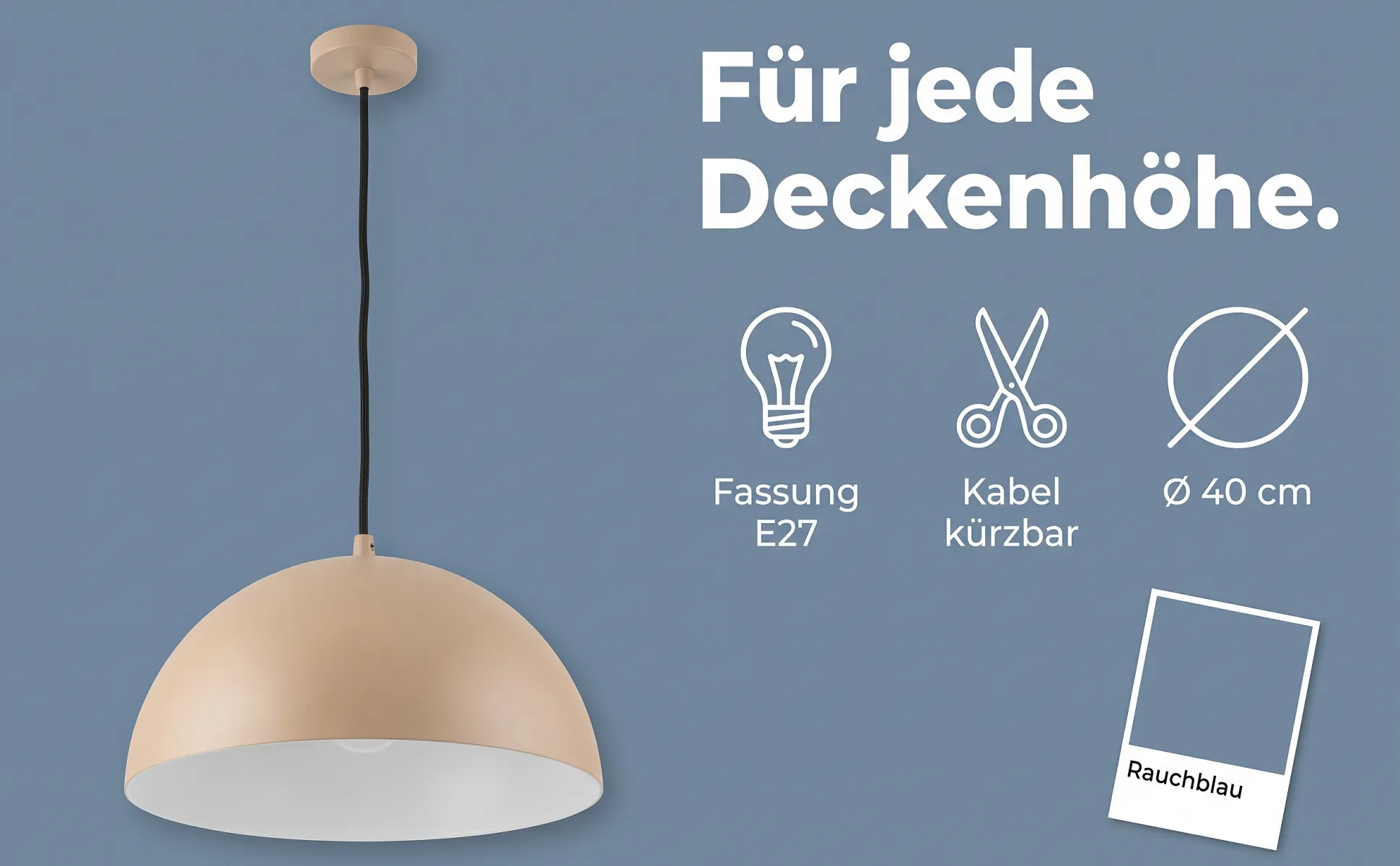 A+ Bild „Icon-Reihe“ für Pendelleuchte, Ø 40 cm im Stil Farbkarte: Für jede Deckenhöhe., Fassung E27, Kabel kürzbar, Ø 40 cm, Rauchblau