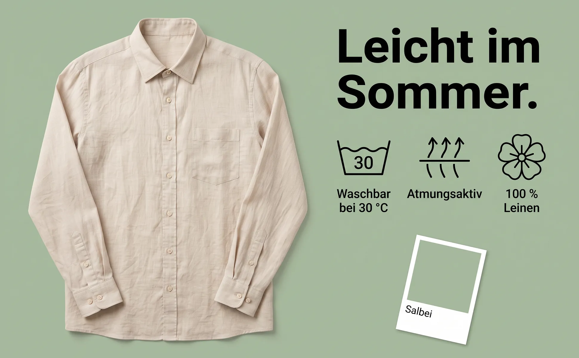 A+ Bild „Icon-Reihe“ für Leinenhemd im Stil Farbkarte: Leicht im Sommer., Waschbar bei 30 °C, Atmungsaktiv, 100 % Leinen, Salbei