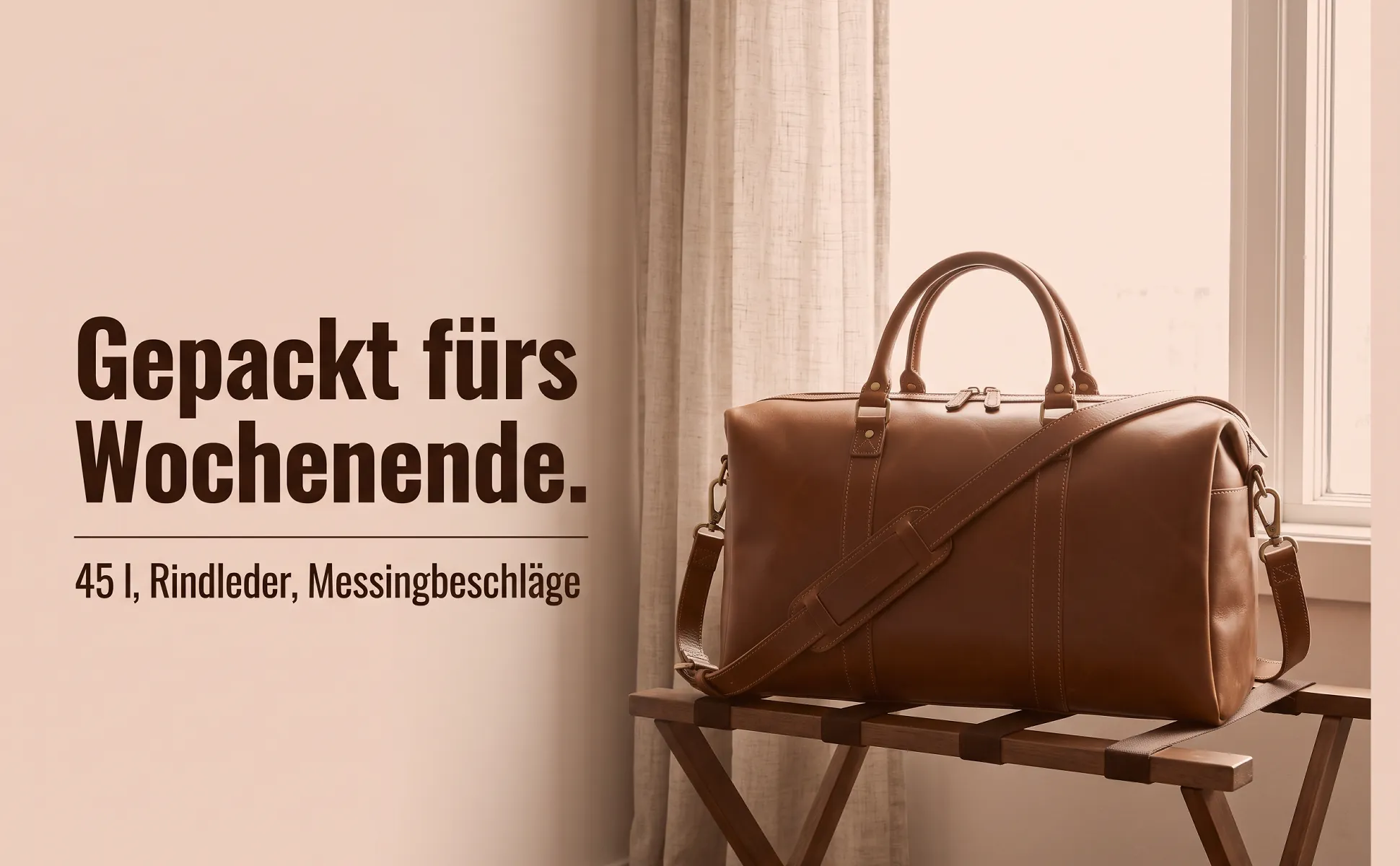 A+ Bild „Einsatzort“ für Weekender aus Leder, 45 l im Stil Duotone in Produktfarbe: Gepackt fürs Wochenende., 45 l, Rindleder, Messingbeschläge