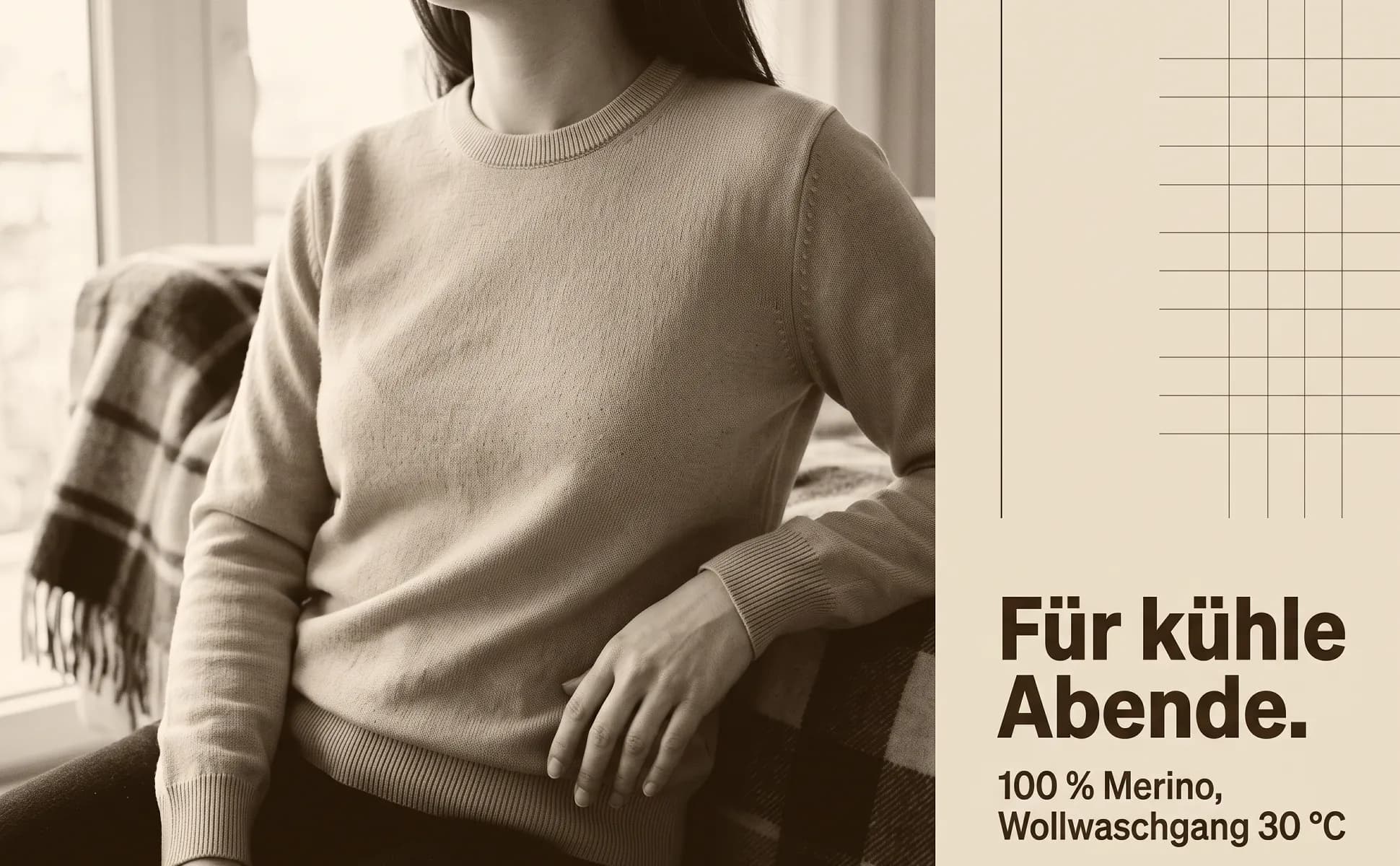 A+ image "In-use scene" for Merino knit sweater in the Duotone in product colour style, German text: Für kühle Abende., 100 % Merino, Wollwaschgang 30 °C