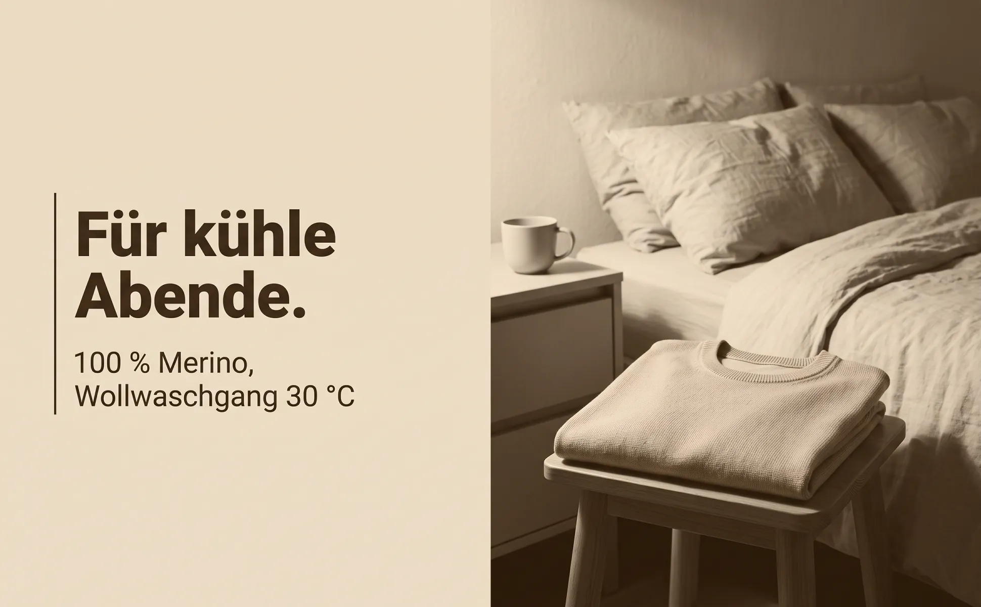 A+ image "In-use scene" for Merino knit sweater in the Duotone in product colour style, German text: Für kühle Abende., 100 % Merino, Wollwaschgang 30 °C