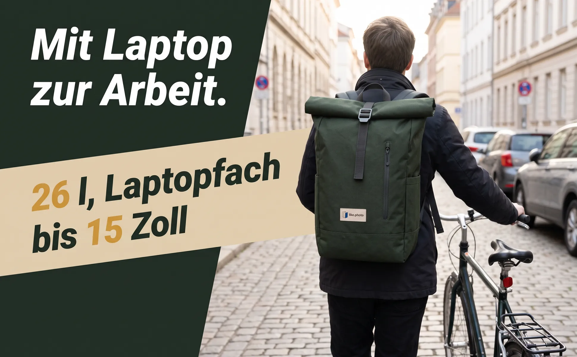 A+ image "In-use scene" for Roll-top backpack, 26 l in the Dynamic style, German text: Mit Laptop zur Arbeit., 26 l, Laptopfach bis 15 Zoll