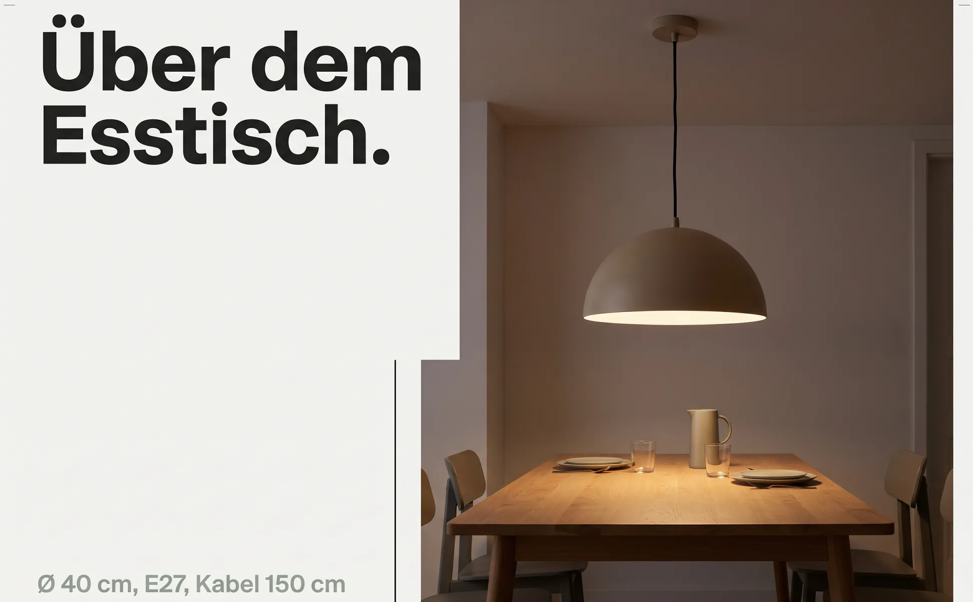 A+ image "In-use scene" for Pendant lamp, 40 cm in the Editorial style, German text: Über dem Esstisch., Ø 40 cm, E27, Kabel 150 cm