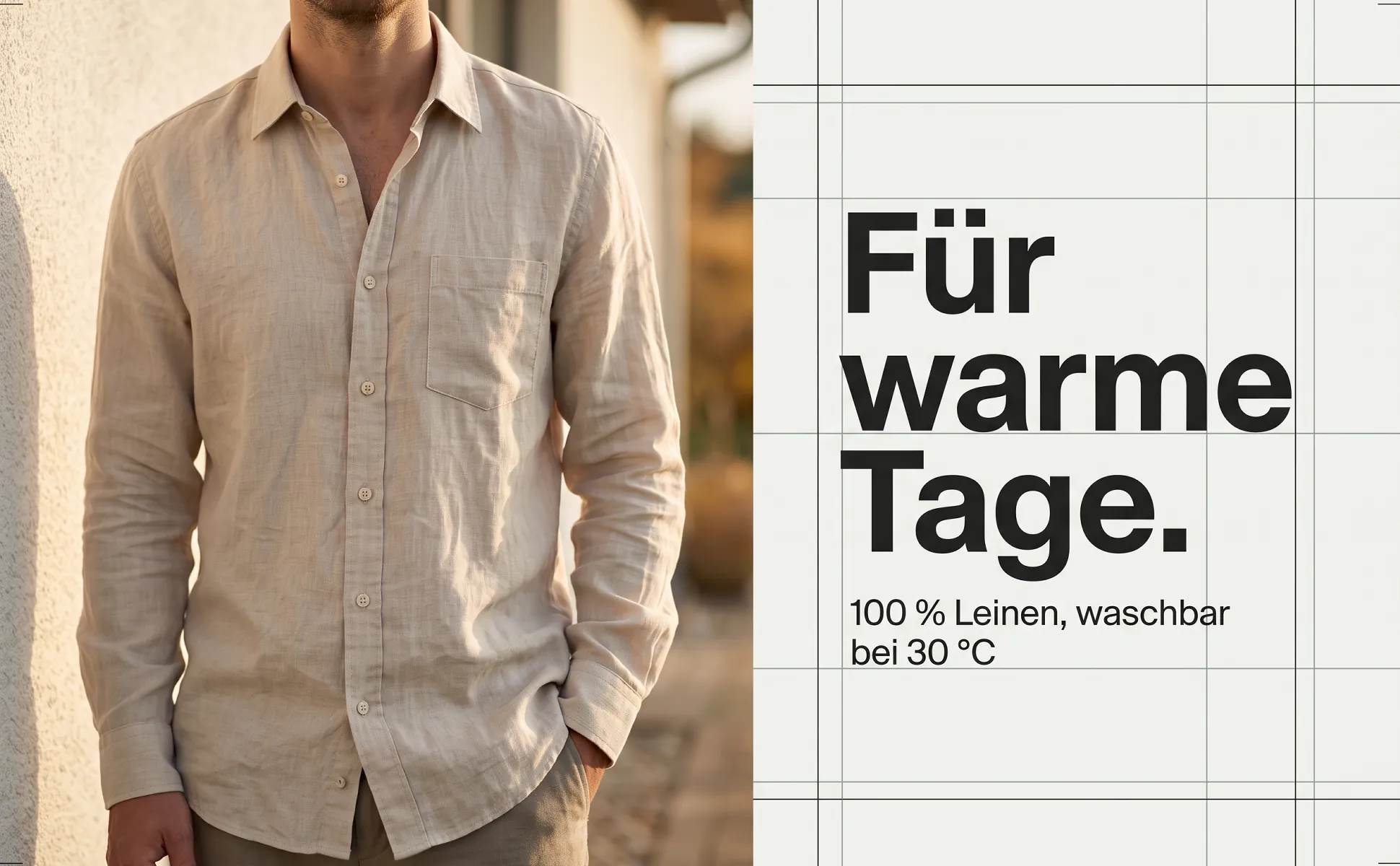 A+ image "In-use scene" for Linen shirt in the Editorial style, German text: Für warme Tage., 100 % Leinen, waschbar bei 30 °C