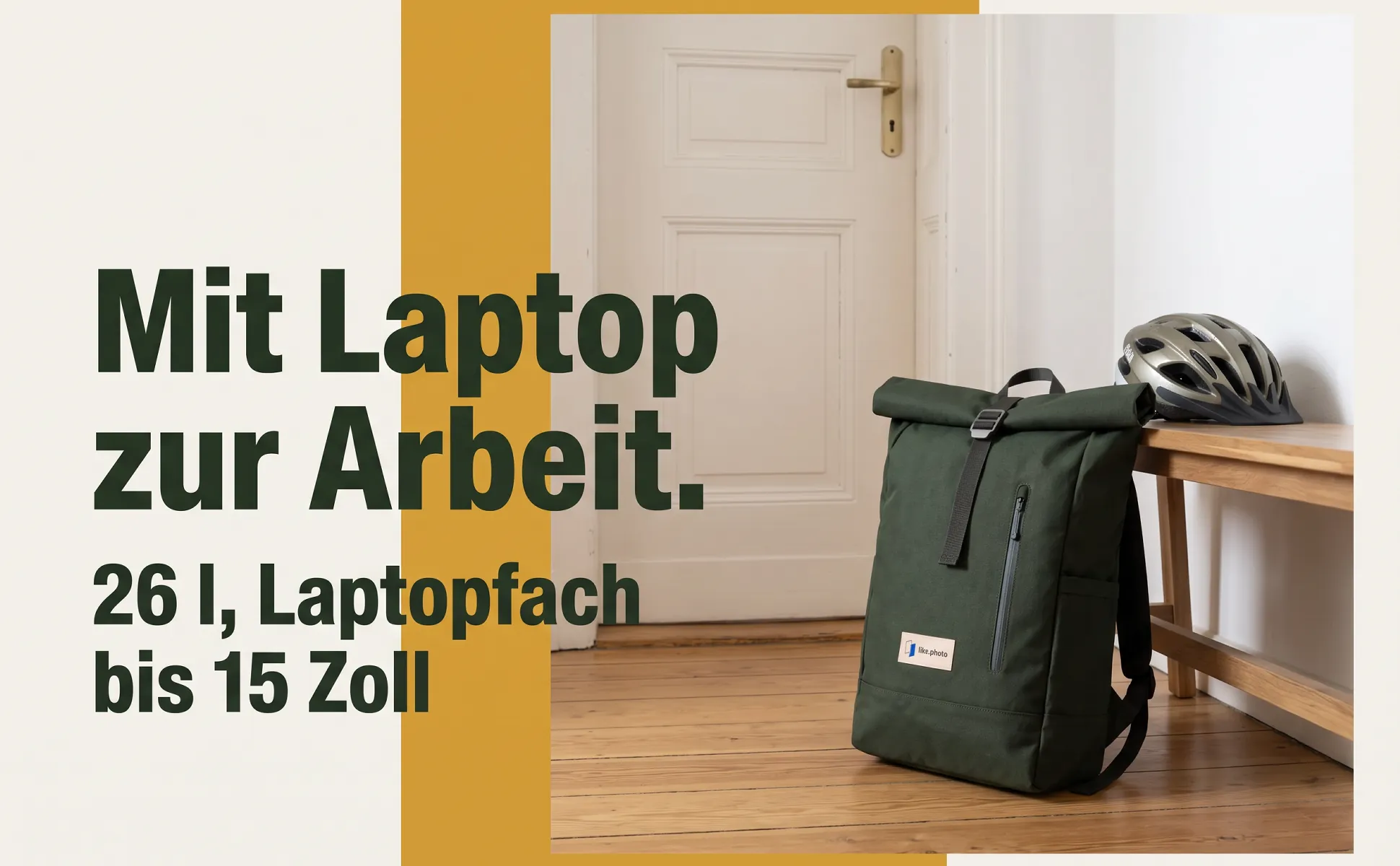 A+ image "In-use scene" for Roll-top backpack, 26 l in the Light with colour block style, German text: Mit Laptop zur Arbeit., 26 l, Laptopfach bis 15 Zoll