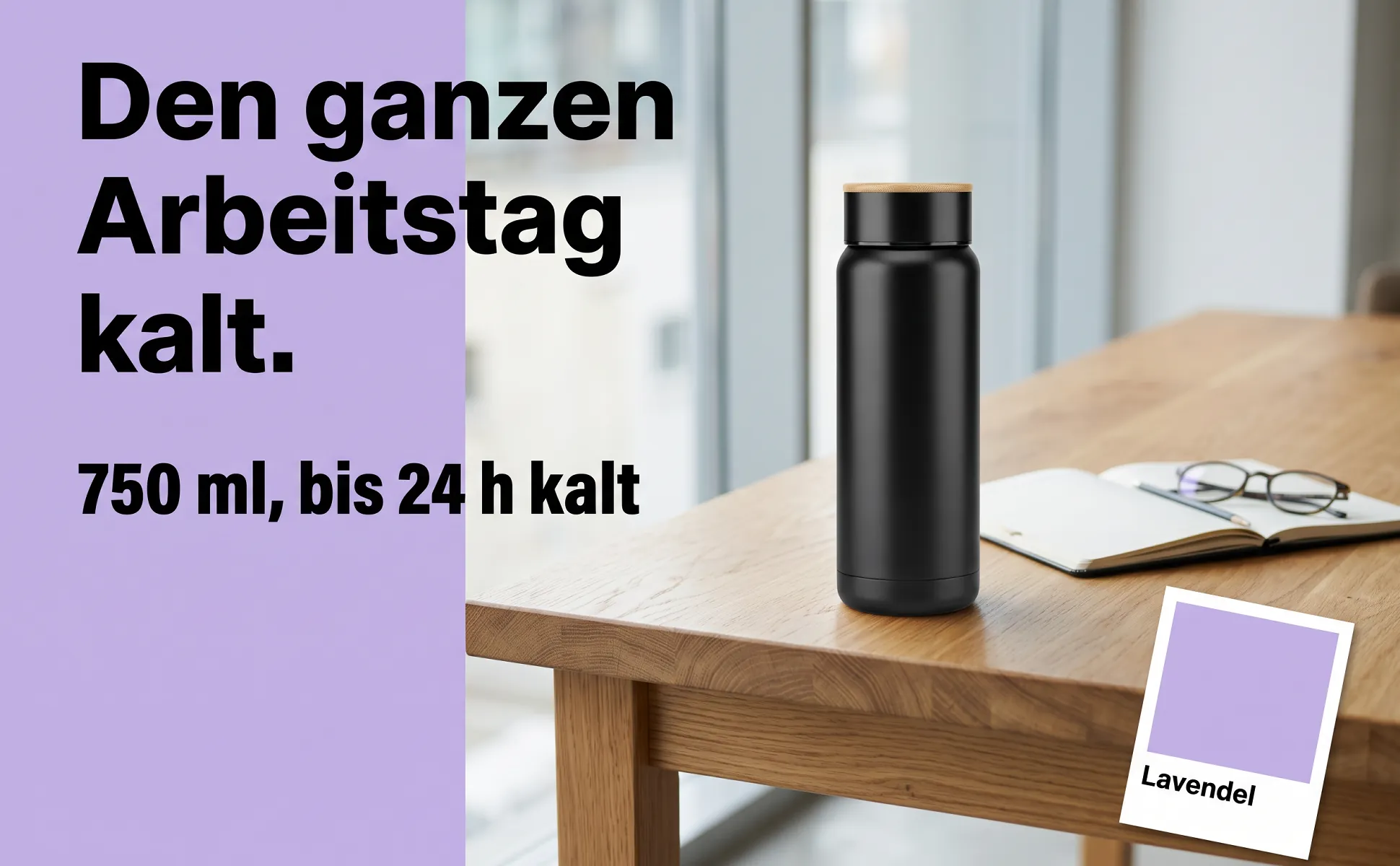 A+ Bild „Einsatzort“ für Isolierflasche, 750 ml im Stil Farbkarte: Den ganzen Arbeitstag kalt., 750 ml, bis 24 h kalt, Lavendel