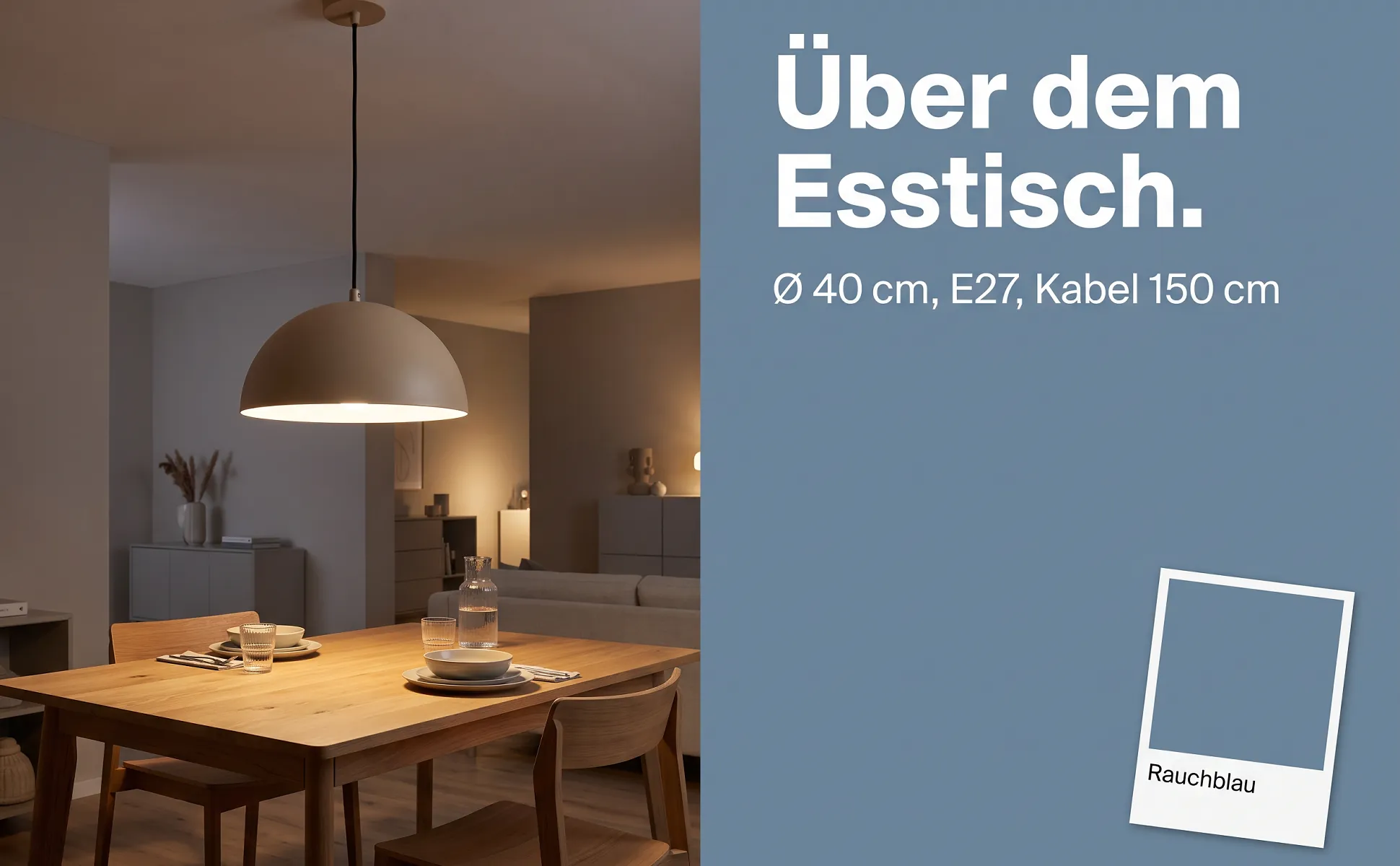 A+ Bild „Einsatzort“ für Pendelleuchte, Ø 40 cm im Stil Farbkarte: Über dem Esstisch., Ø 40 cm, E27, Kabel 150 cm, Rauchblau