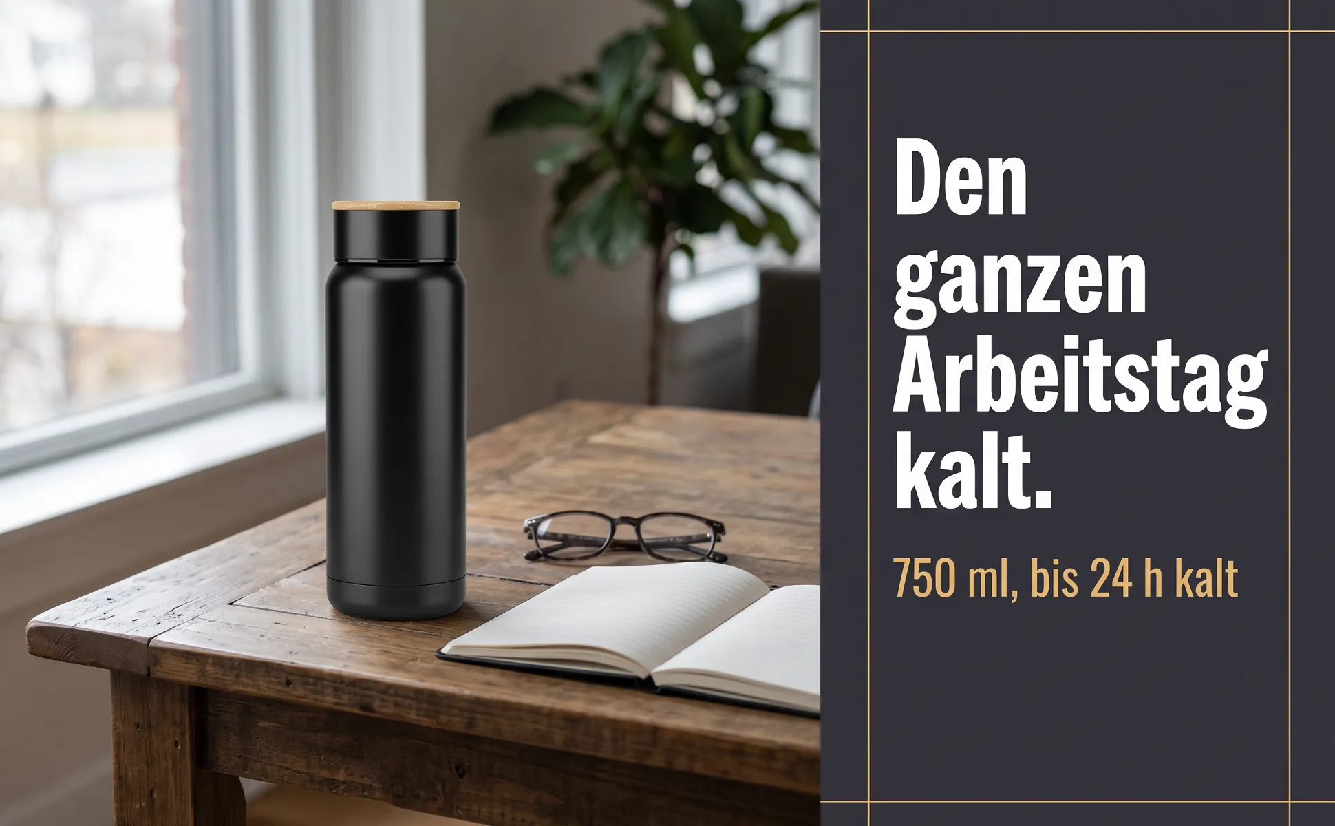A+ image "In-use scene" for Insulated bottle, 750 ml in the Graphite poster style, German text: Den ganzen Arbeitstag kalt., 750 ml, bis 24 h kalt