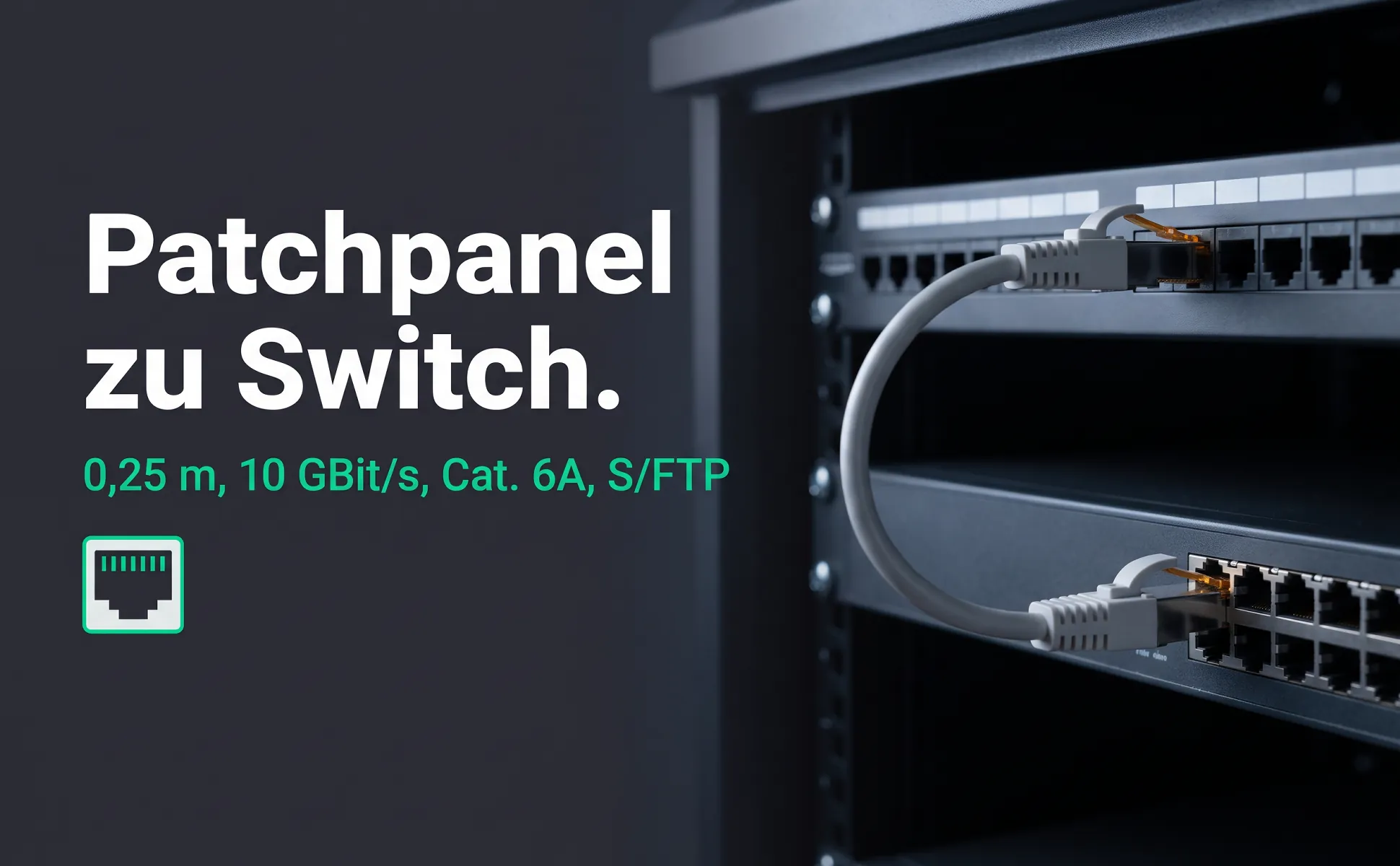 A+ image "In-use scene" for Cat 6A patch cable, 0.25 m in the Graphite poster style, German text: Patchpanel zu Switch., 0,25 m, 10 GBit/s, Cat. 6A, S/FTP