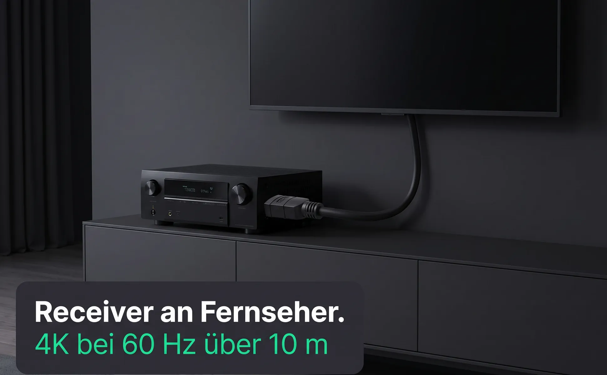 A+ image "In-use scene" for HDMI cable, 10 m in the Graphite poster style, German text: Receiver an Fernseher., 4K bei 60 Hz über 10 m