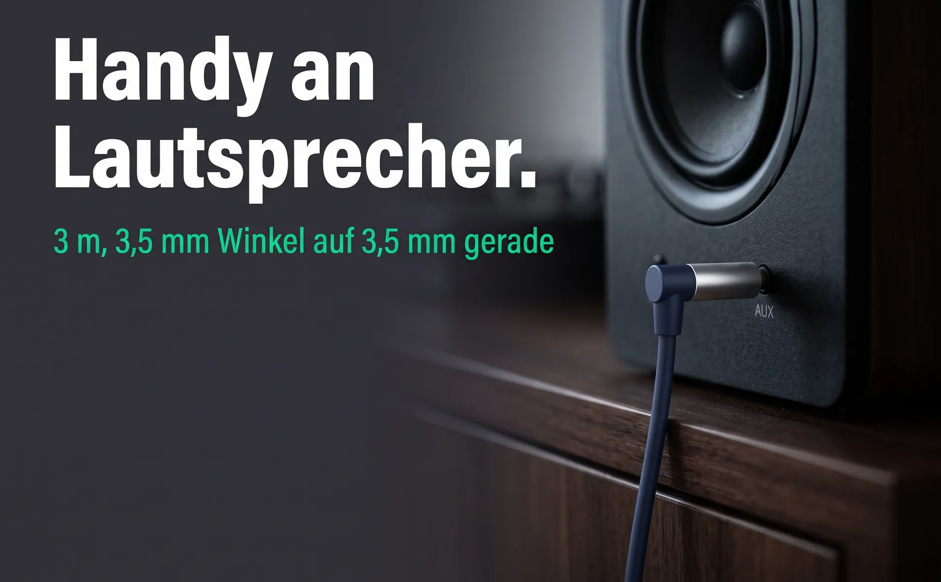 A+ image "In-use scene" for 3.5 mm audio cable, 3 m in the Graphite poster style, German text: Handy an Lautsprecher., 3 m, 3,5 mm Winkel auf 3,5 mm gerade
