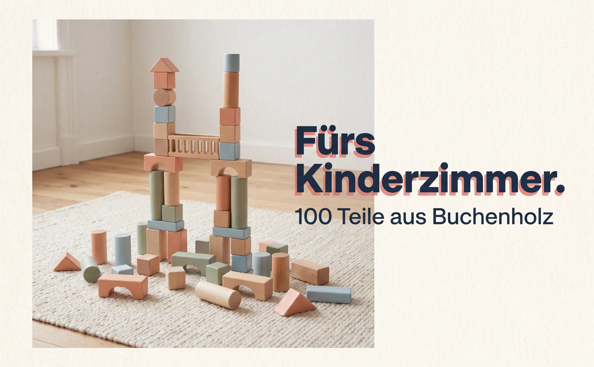 A+ image "In-use scene" for Wooden blocks, 100 pieces in the Risograph print style, German text: Fürs Kinderzimmer., 100 Teile aus Buchenholz